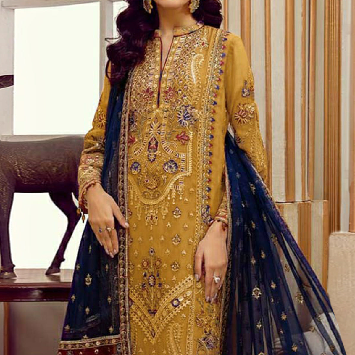 Mustard Floral Embroidered Georgette Pakistani Suit