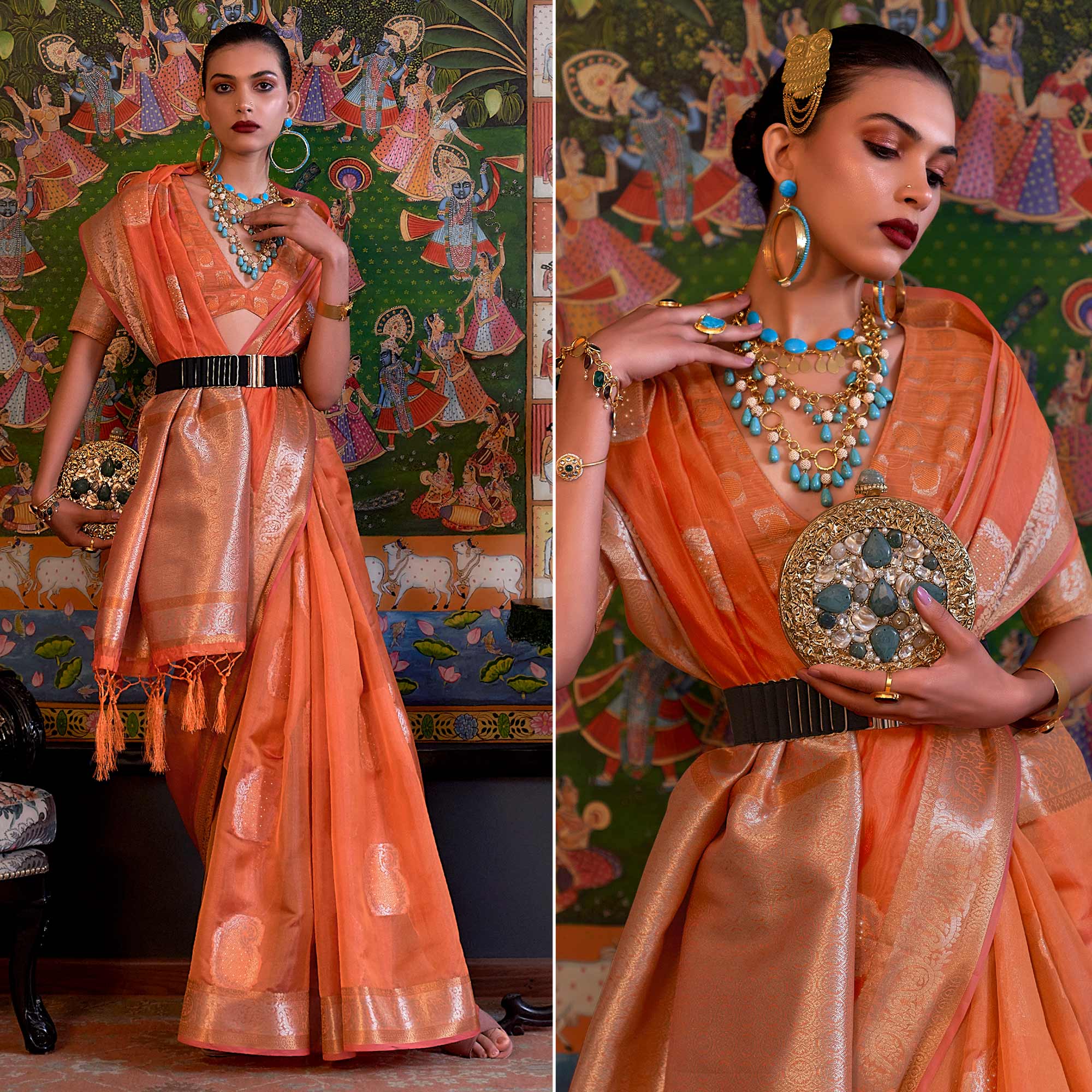 Orange Woven Organza Saree With Tassels