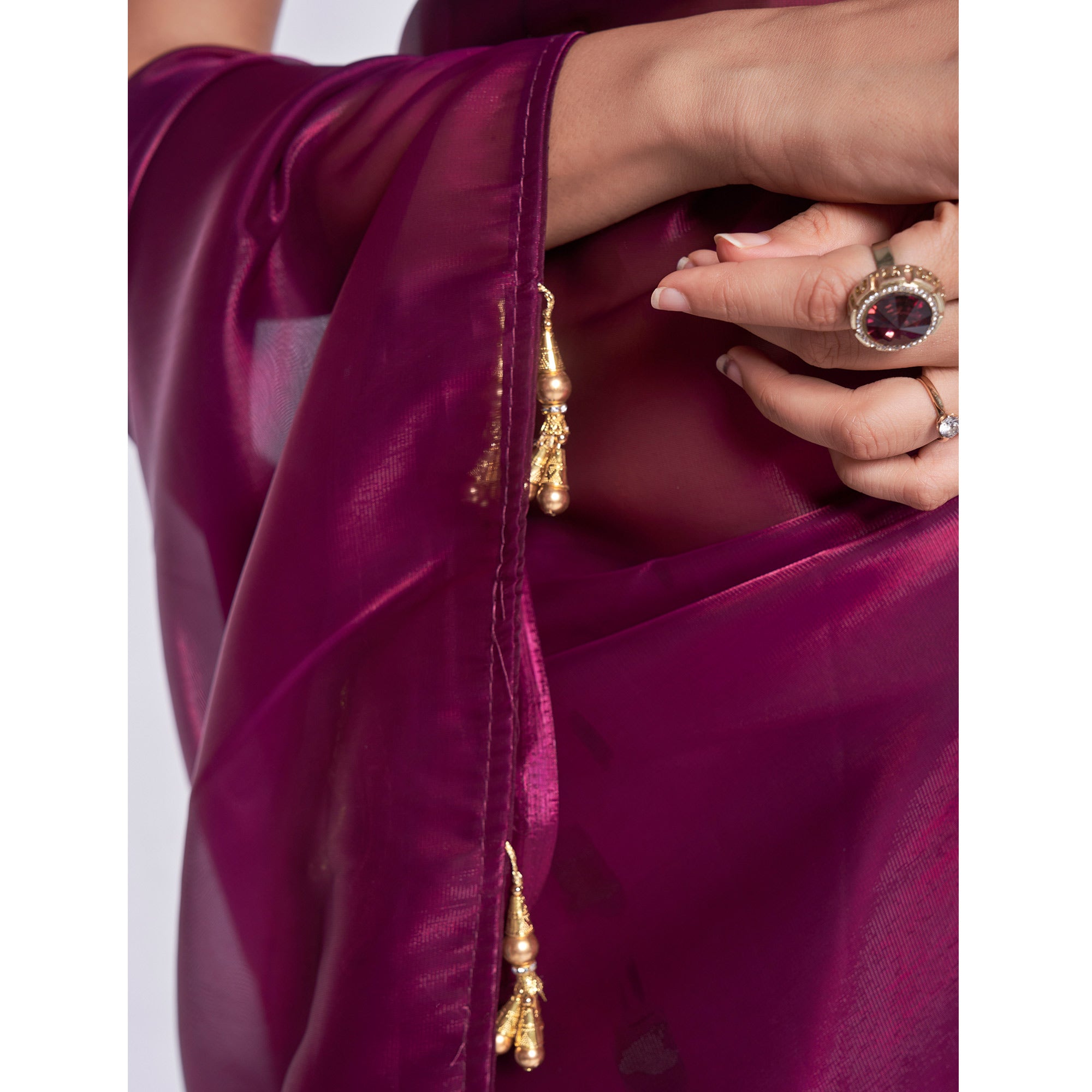 Wine Solid Organza Saree With Tassels