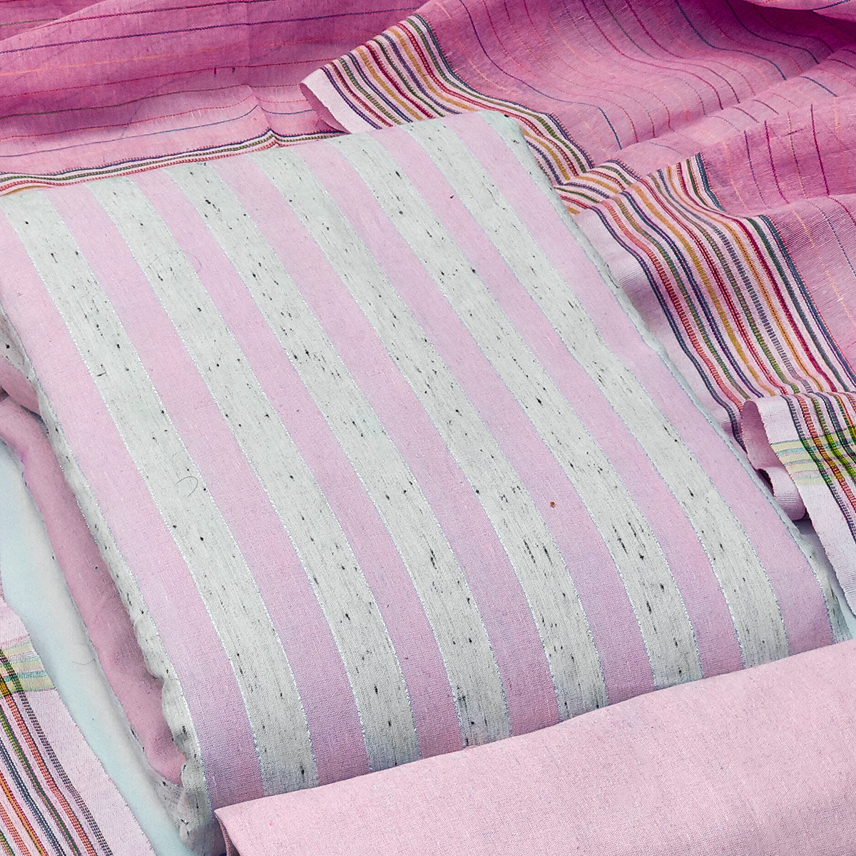 Pink Striped Printed With Woven Cotton Blend Dress Material