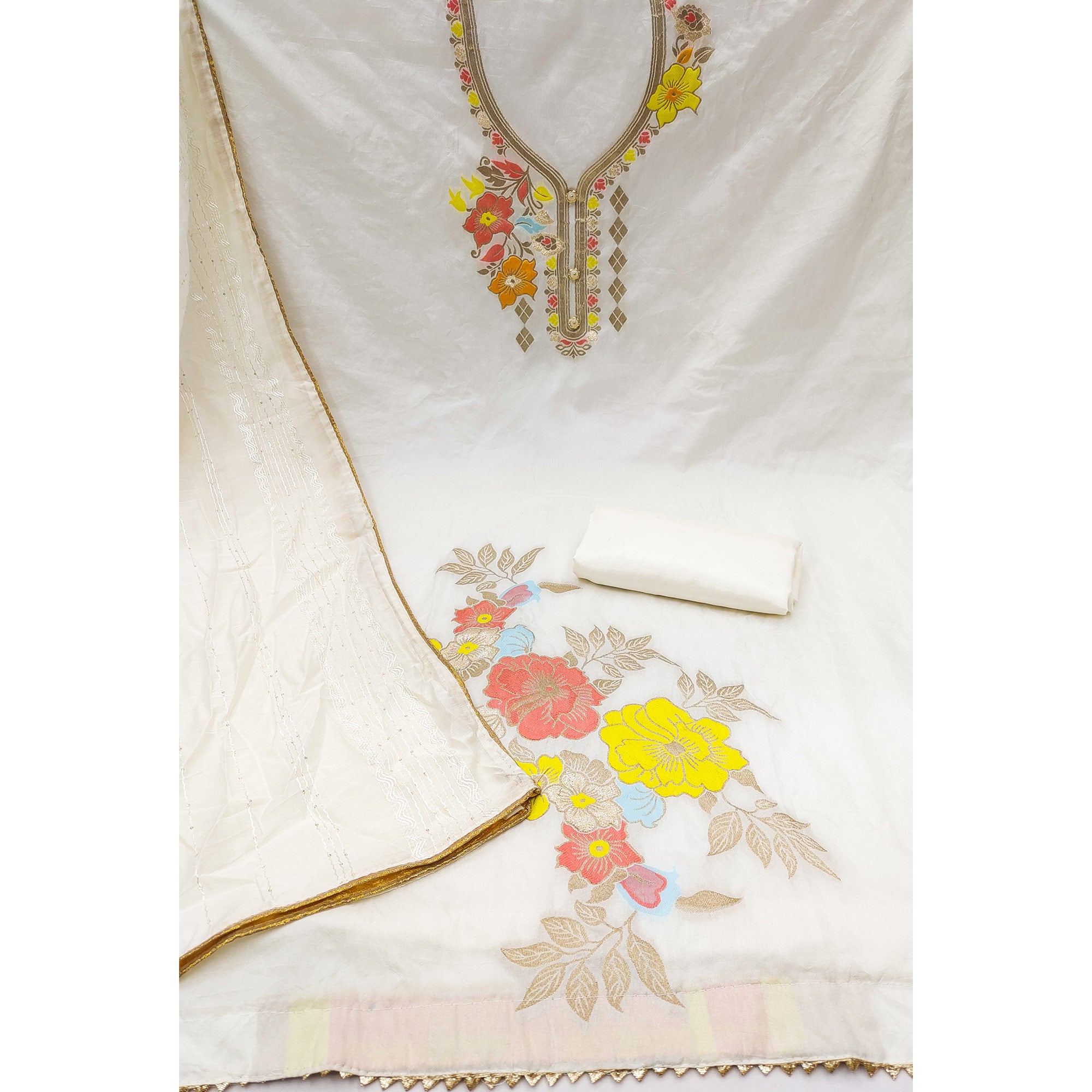 White Floral Woven Banarasi Silk Dress Material
