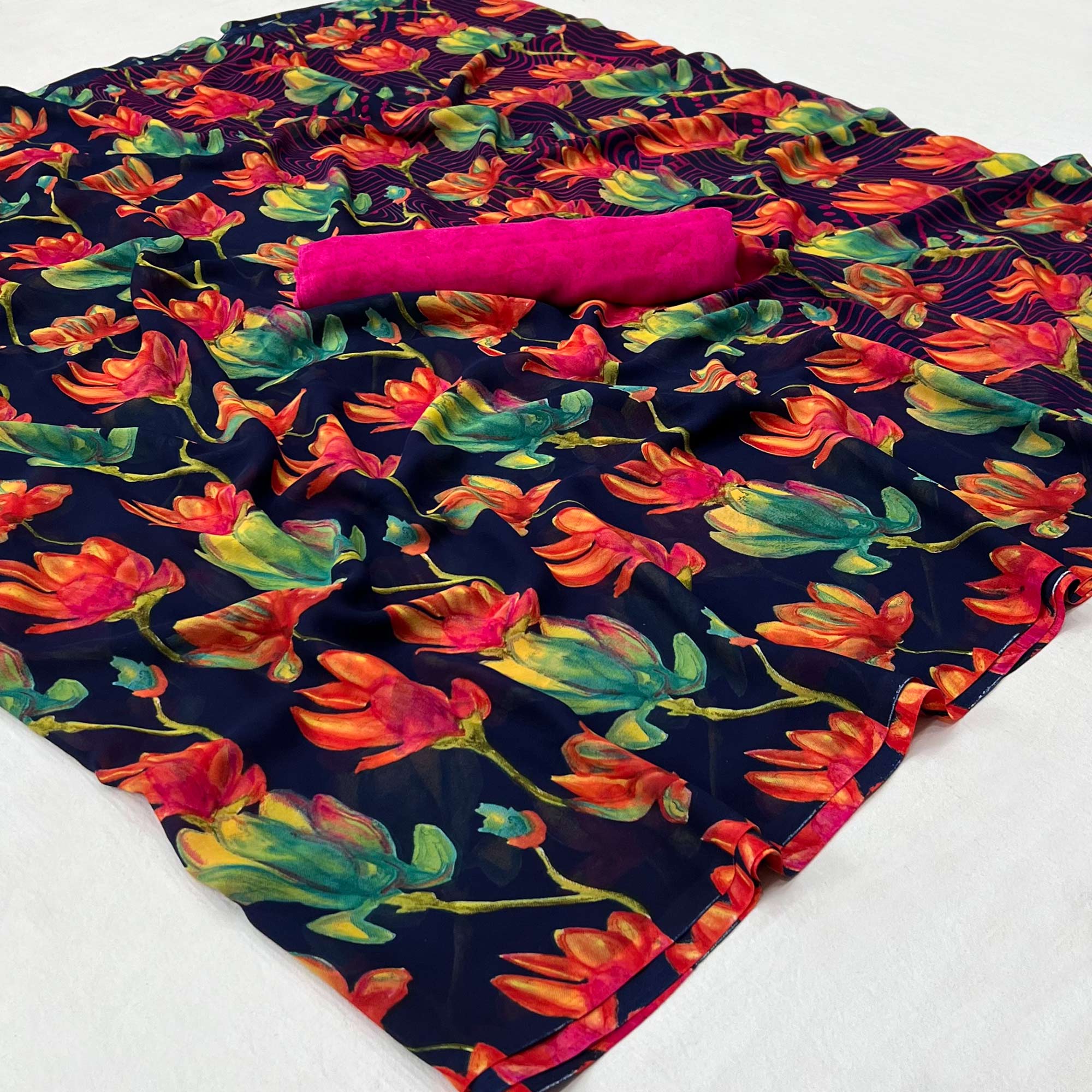 Navy Blue Floral Digital Printed Georgette Saree