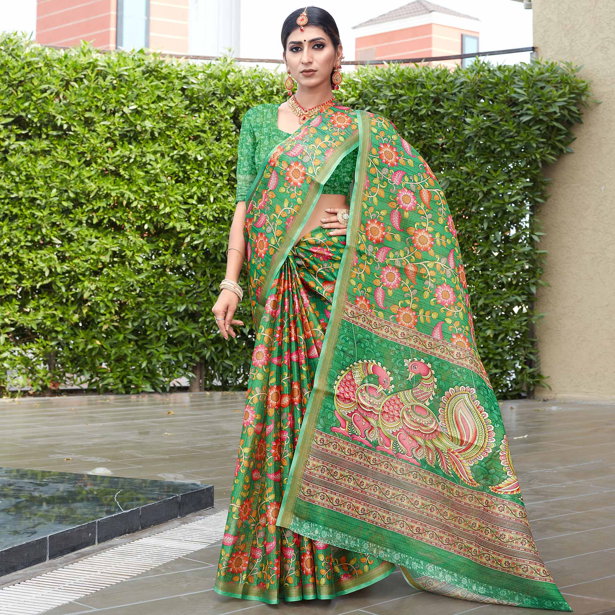 Green Floral Digital Printed Cotton Silk Saree