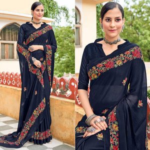 Black Floral Printed Georgette Saree