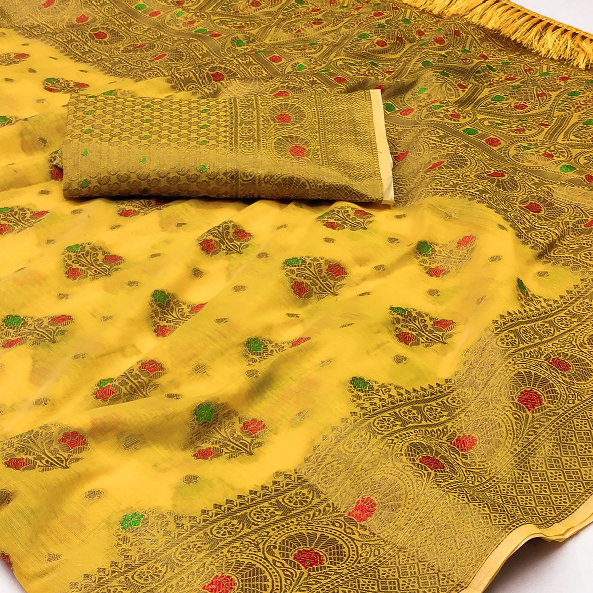 Yellow Woven Cotton Blend Saree With Tassels