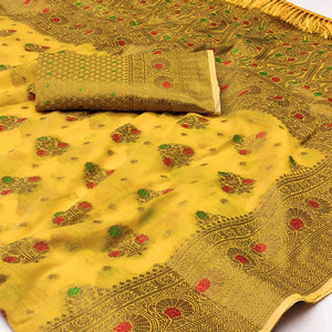 Yellow Woven Cotton Blend Saree With Tassels
