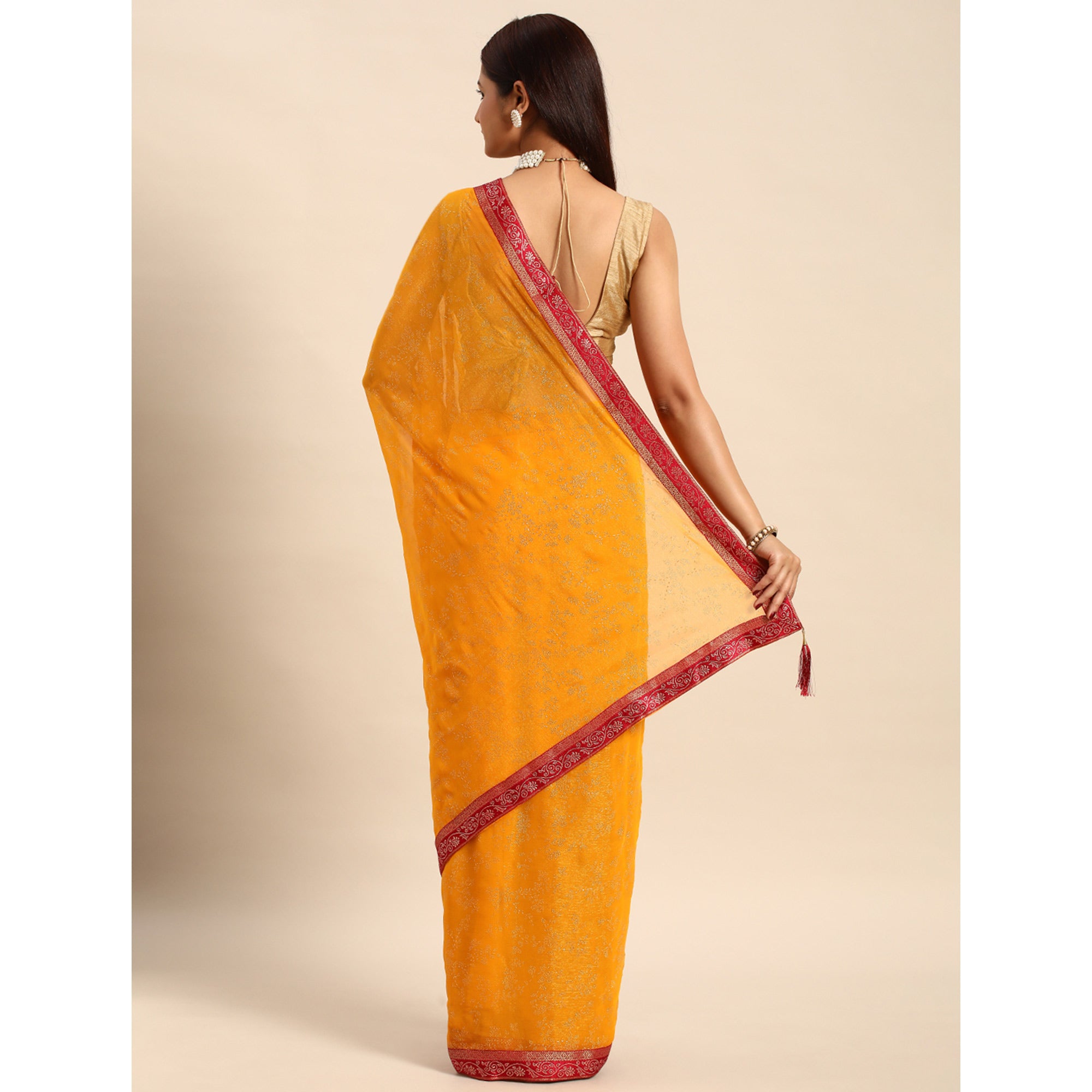 Yellow Floral Foil Printed Shimmer Saree