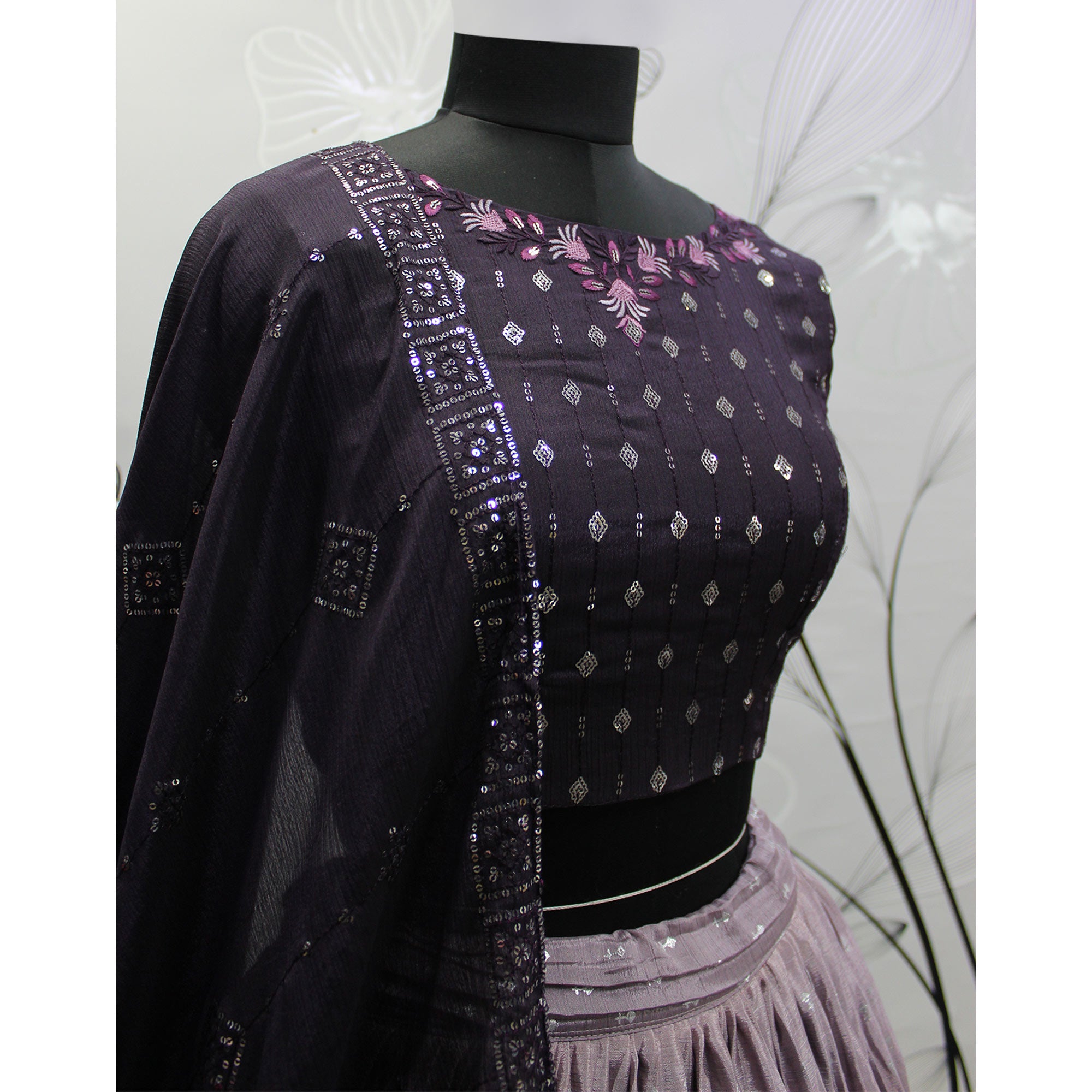 Violet Foil Printed Chiffon Lehenga Choli