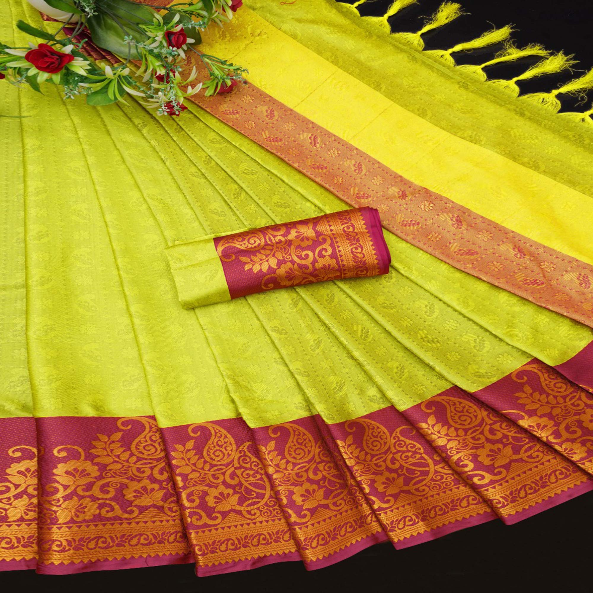 Lemon Green Woven Cotton Silk Saree