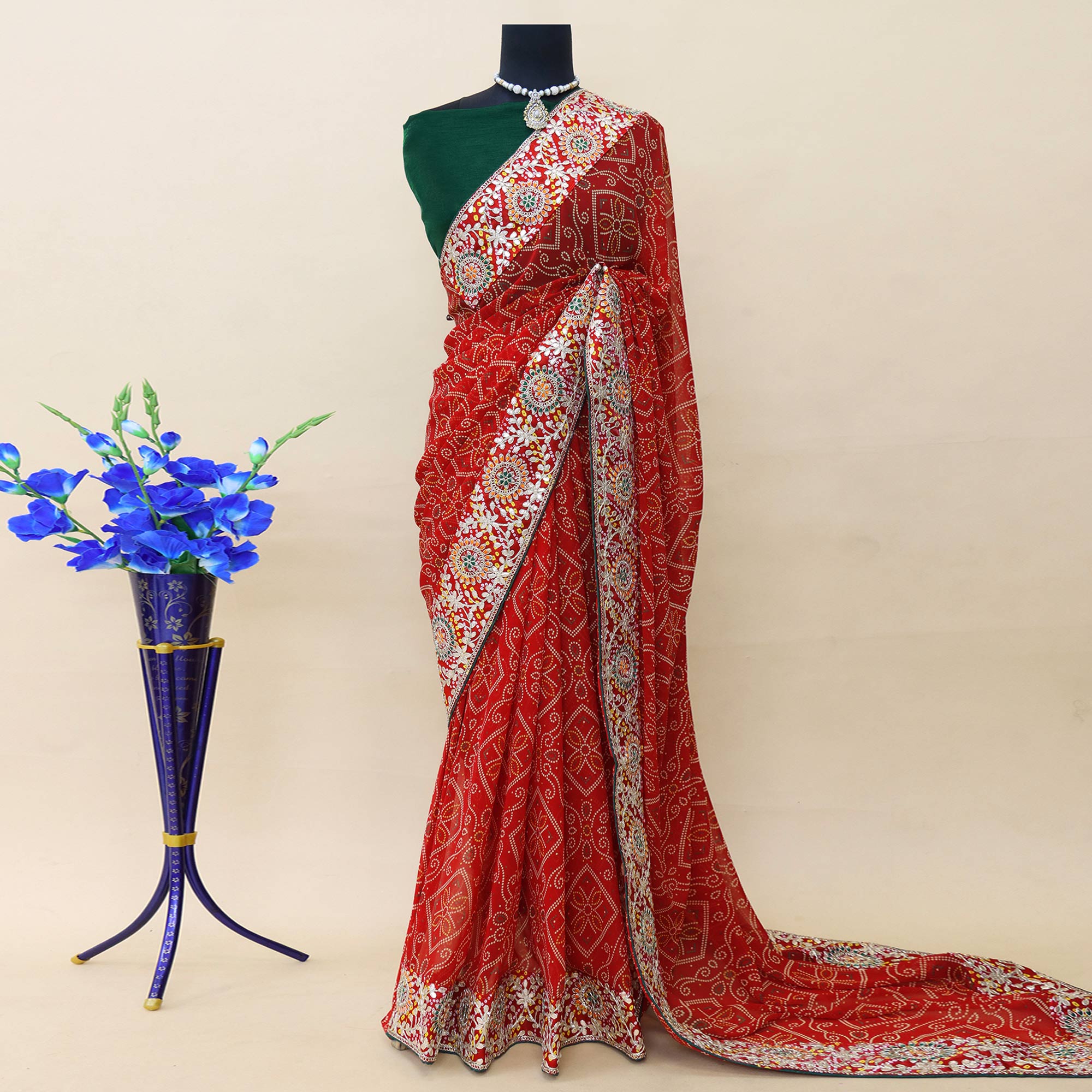 Red Bandhani Printed With Embroidered Border Georgette Saree