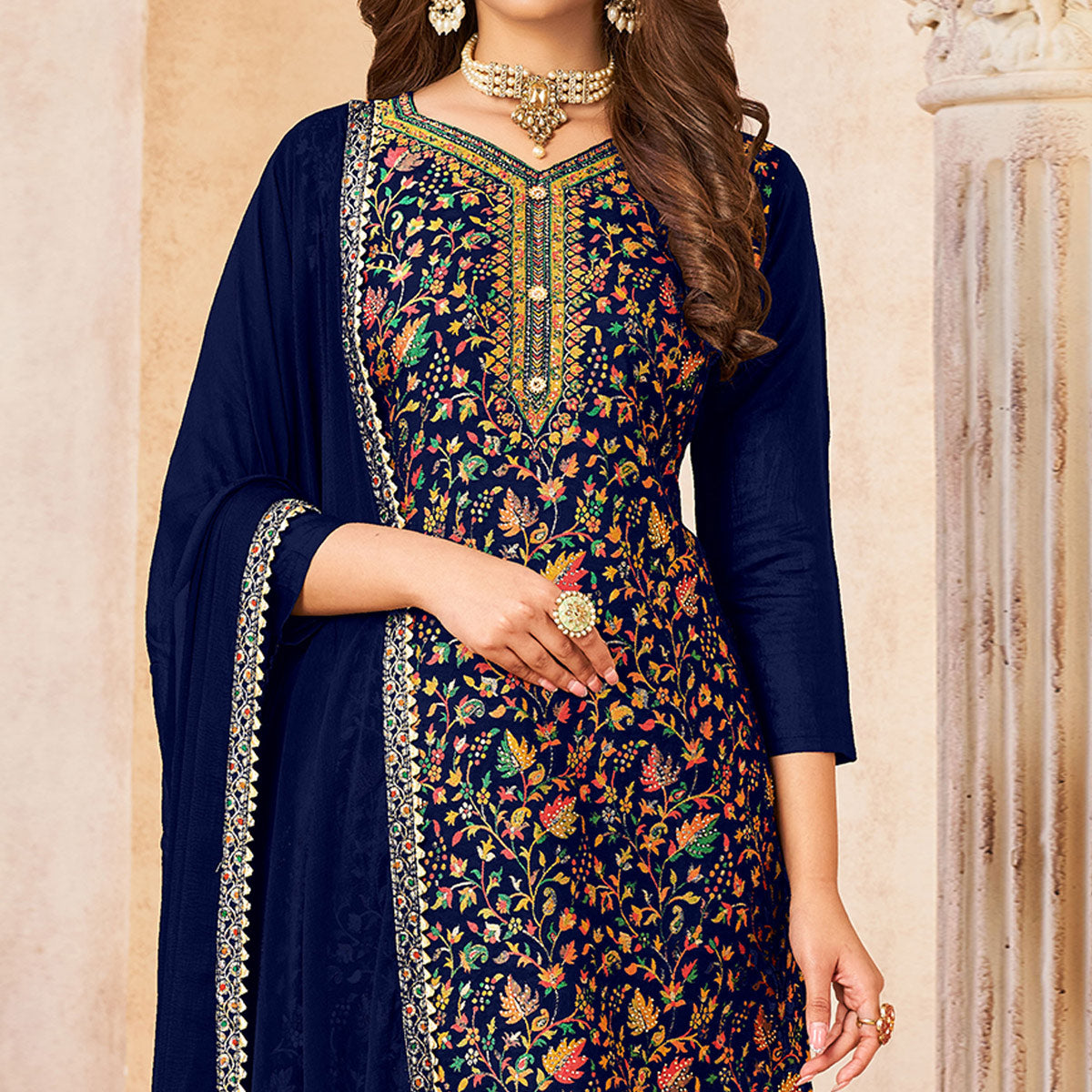 Navy Blue Woven Dola Silk Suit