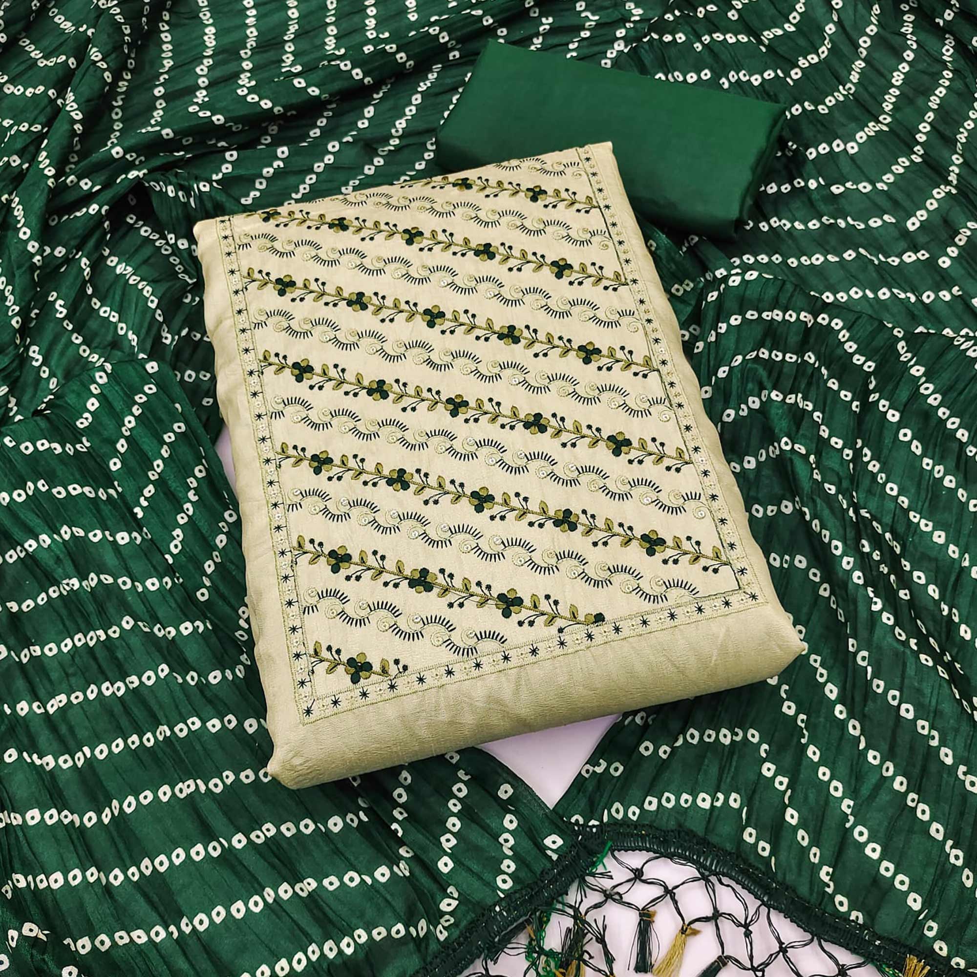 Pista Green Embroidered Raw Silk Dress Material