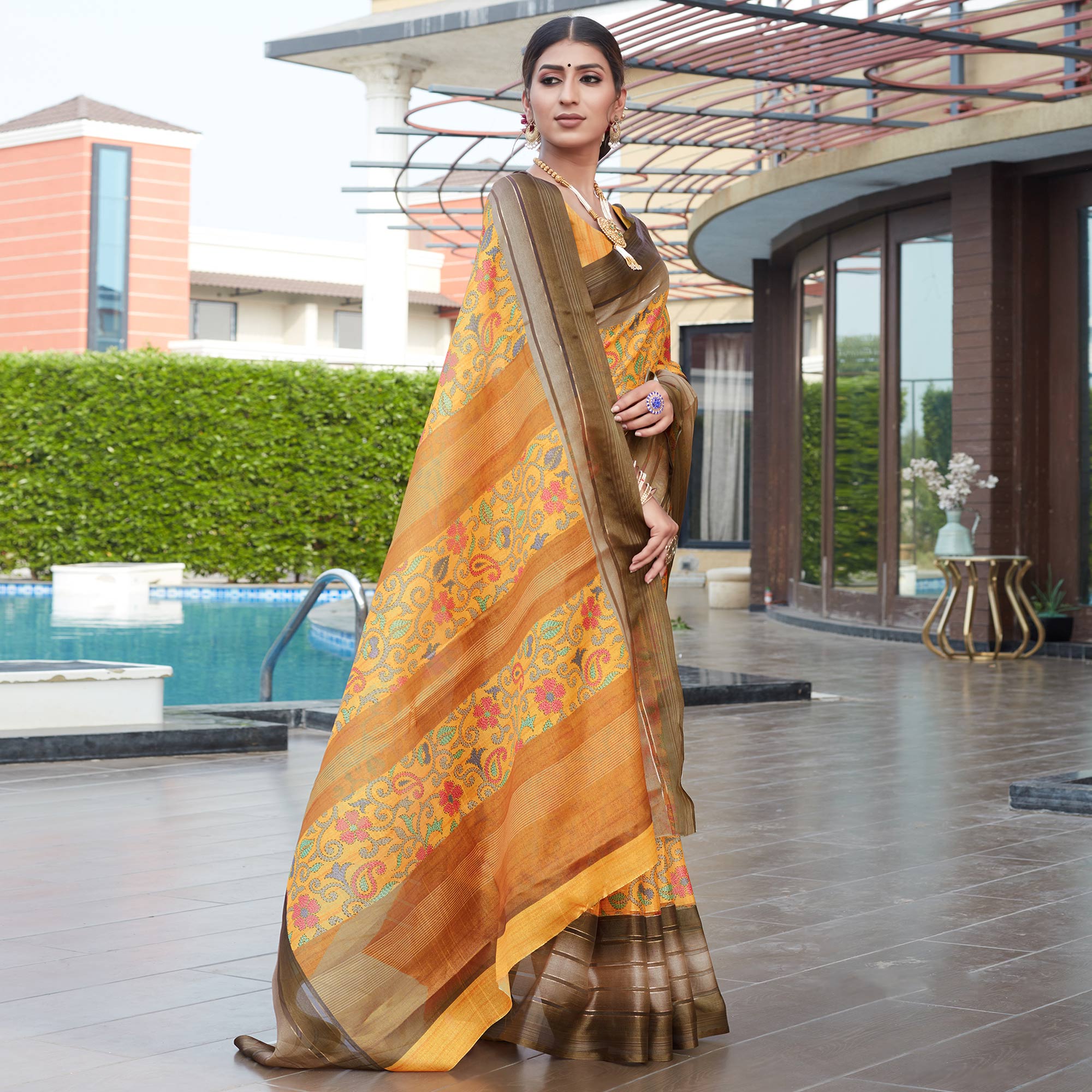 Mustard Floral Digital Printed Cotton Blend Saree