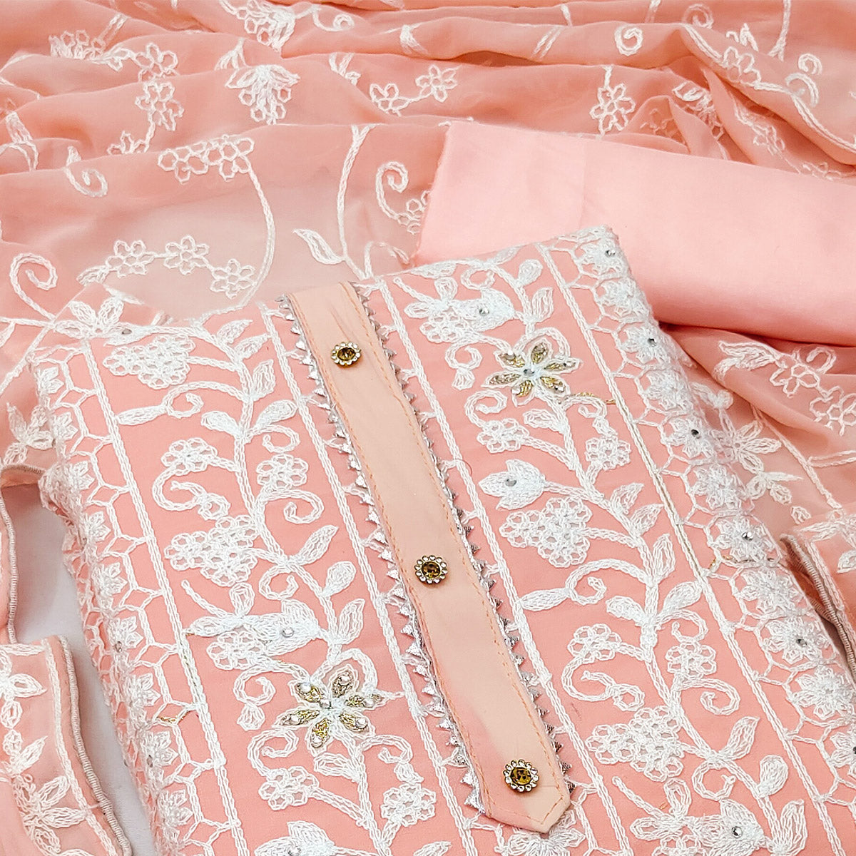 Peach Lucknowi Embroidered Georgette Dress Material