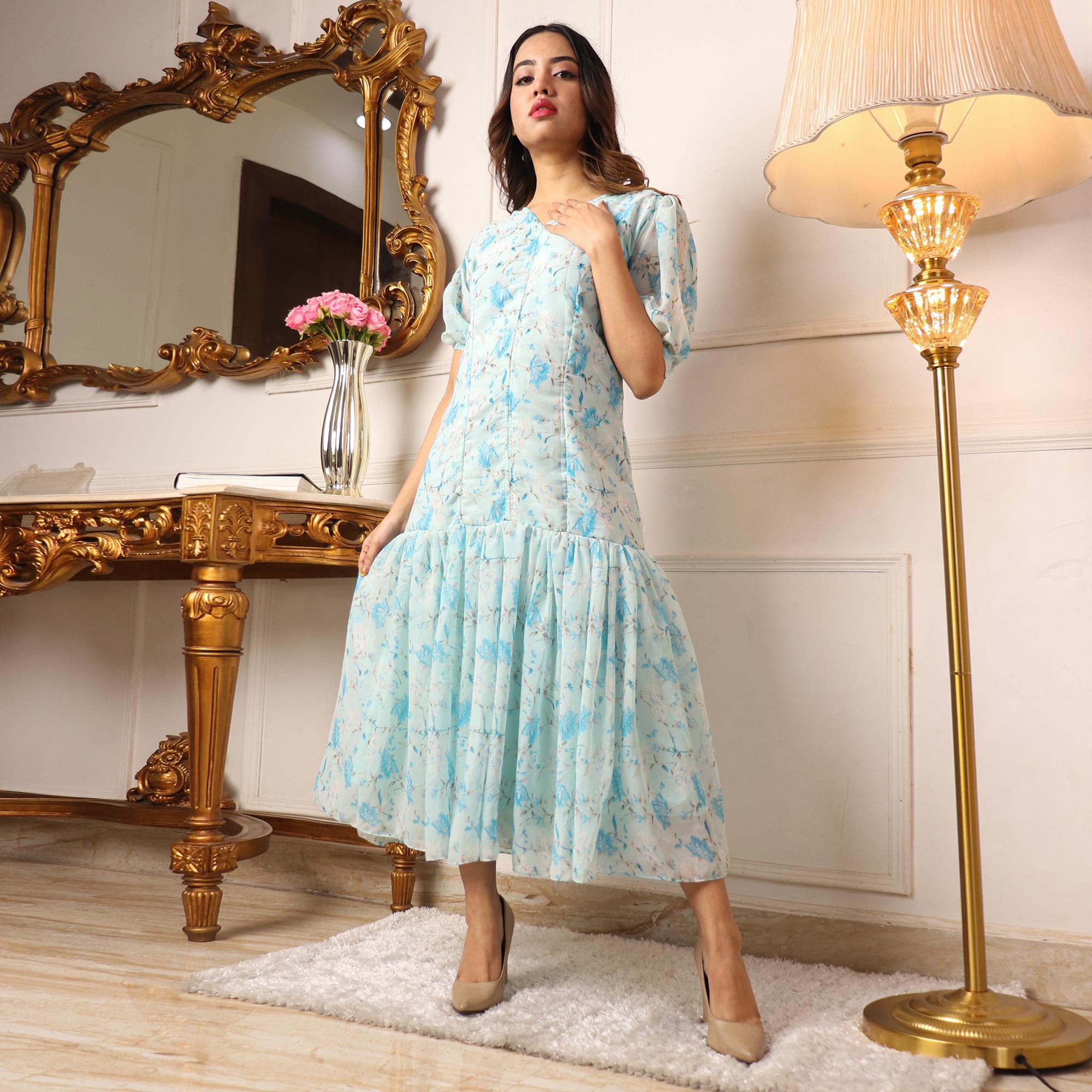 Light Blue Floral Printed Georgette Dress