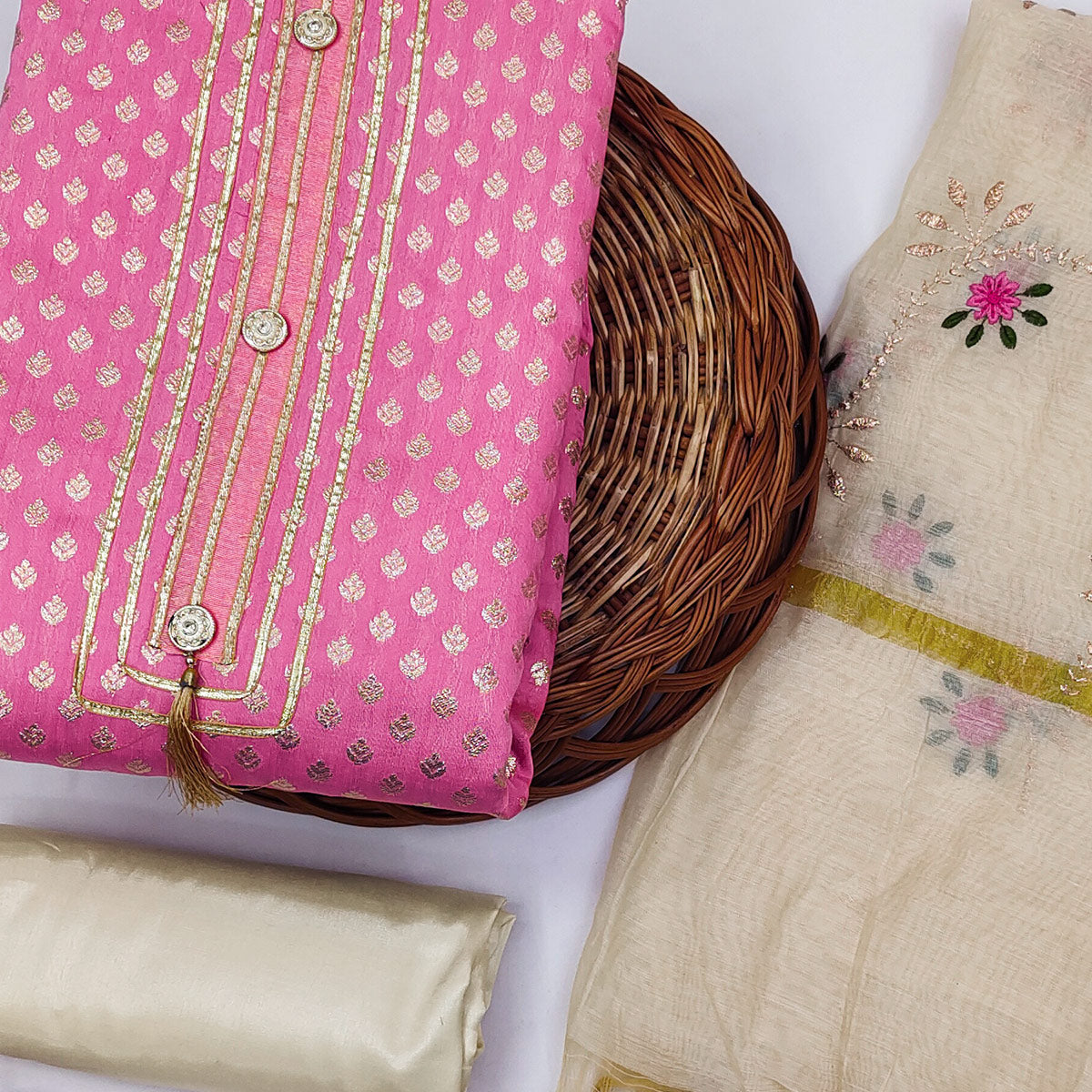 Pink Woven Chanderi Dress Material