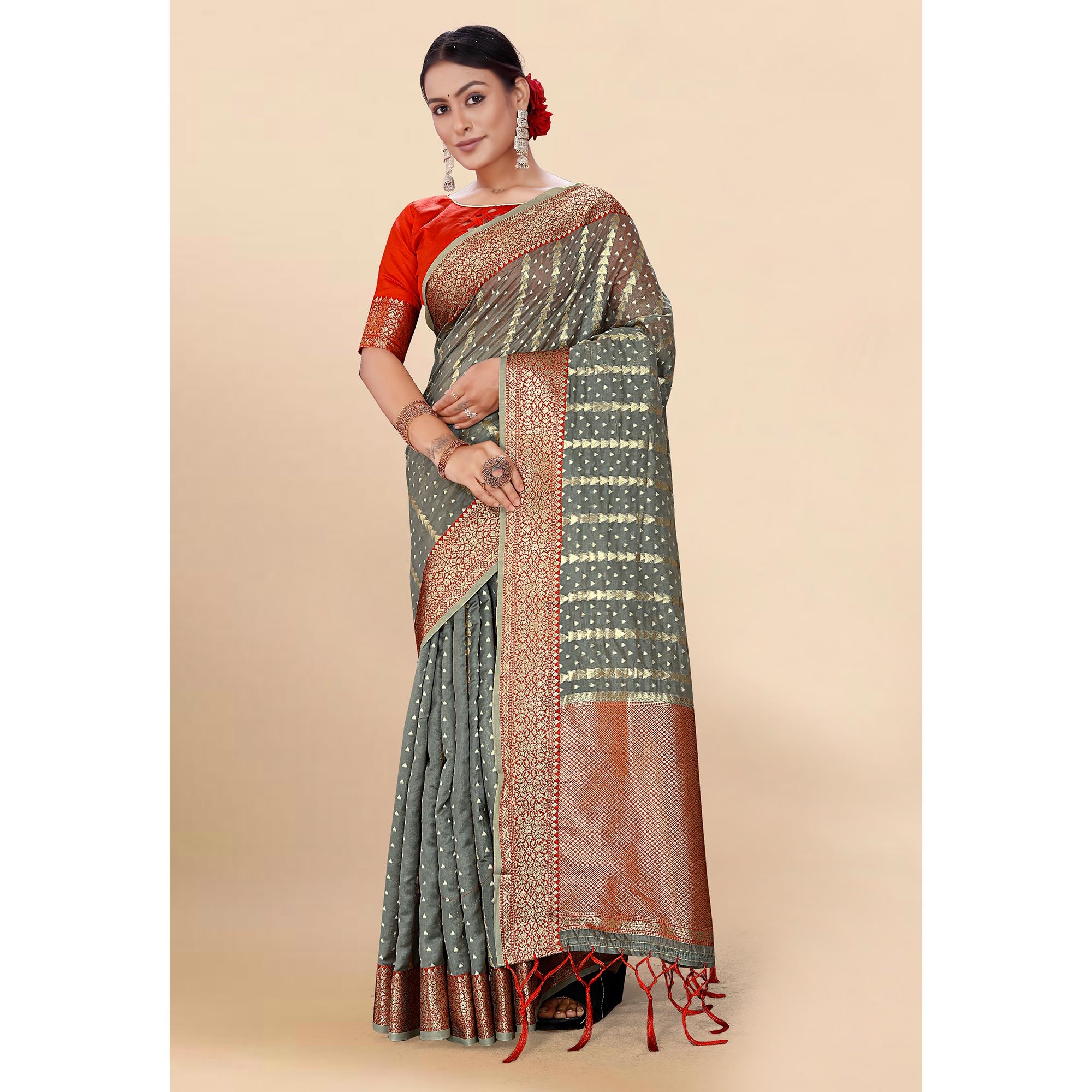 Grey Woven Organza Saree With Tassels