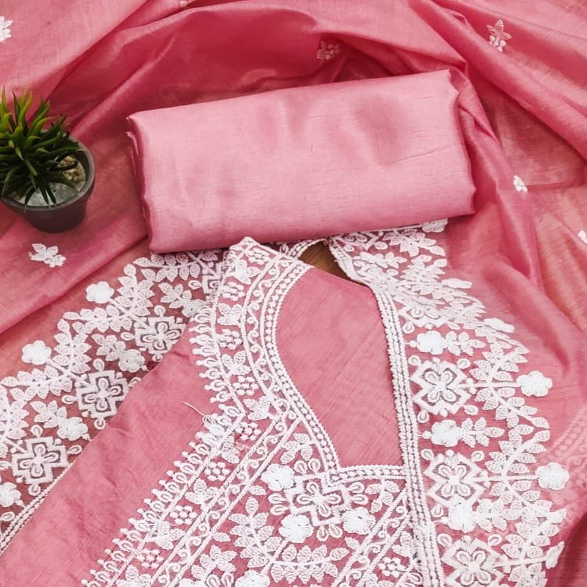Pink Lucknowi Embroidered Modal Dress Material