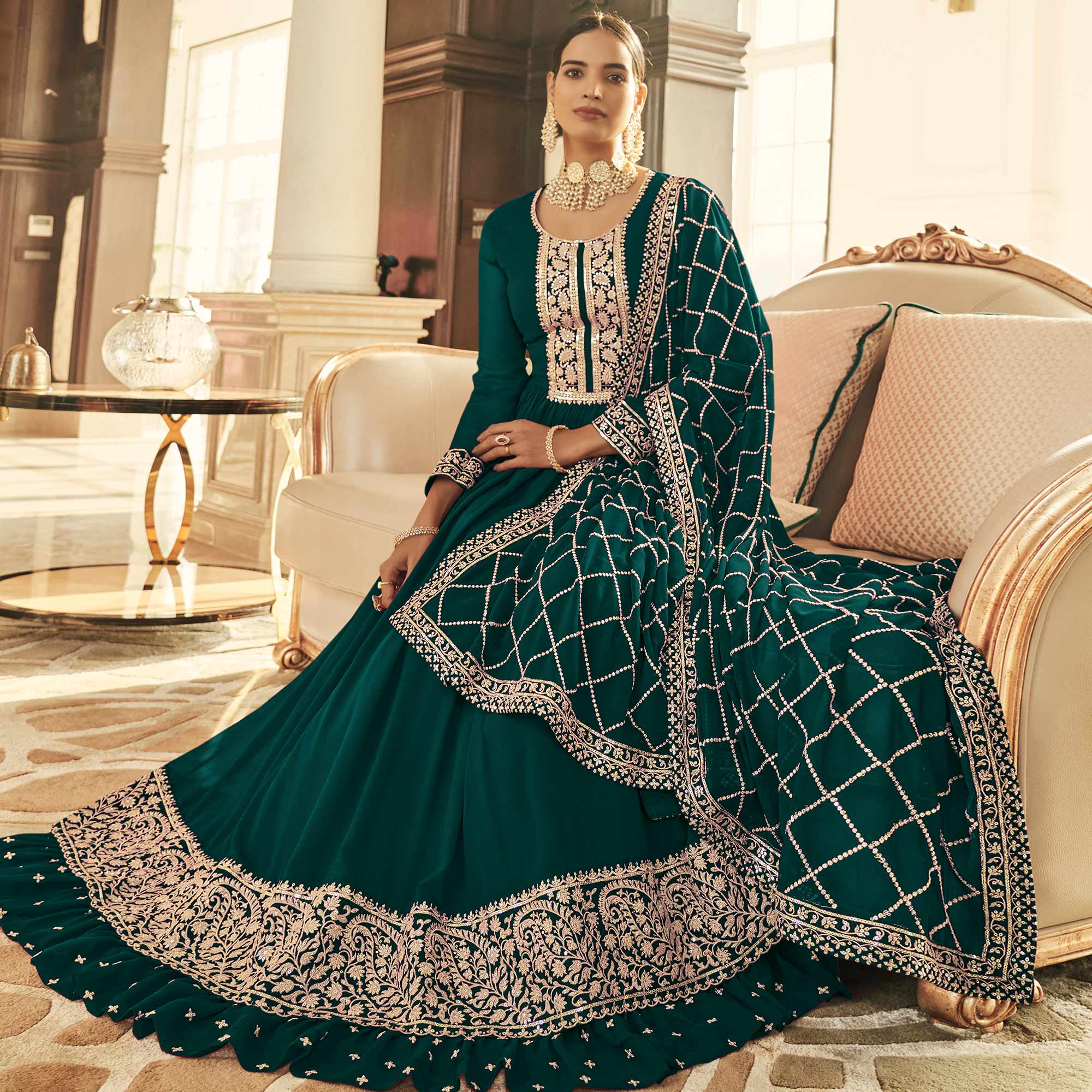 Bottle Green Embroidered Georgette Gown