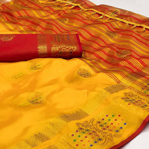 Yellow Floral Woven Organza Saree With Tassels