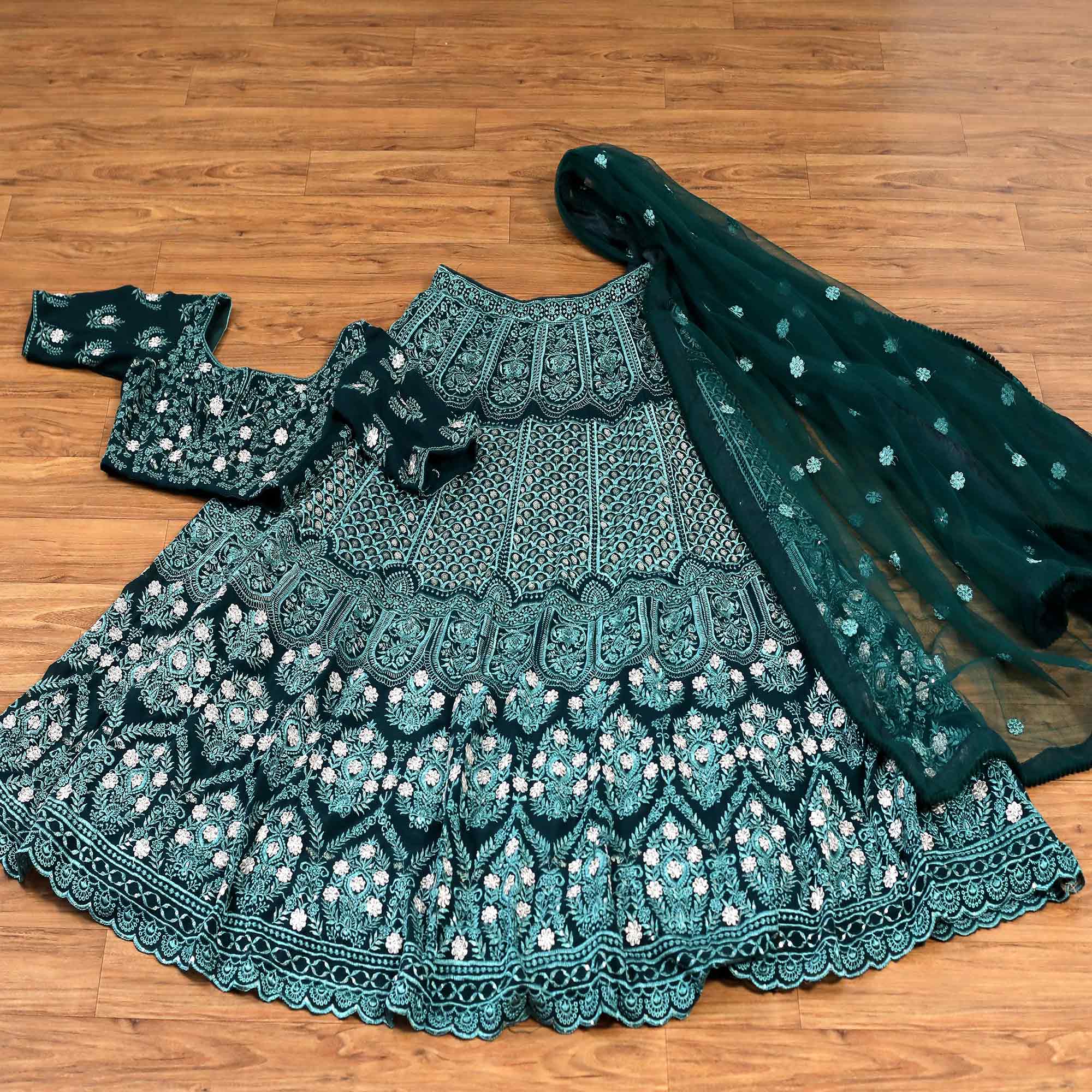Bottle Green Sequins Embroidered Georgette Lehenga Choli