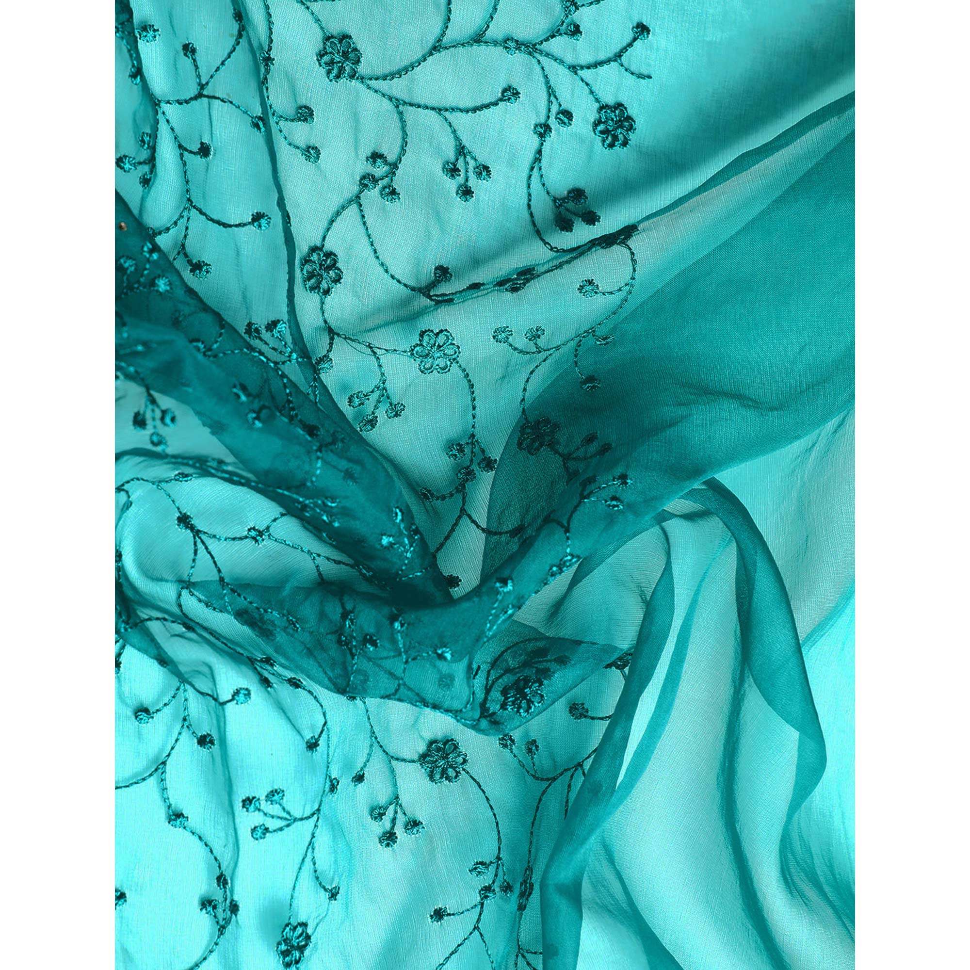 Turquoise Floral Embroidered Organza Saree