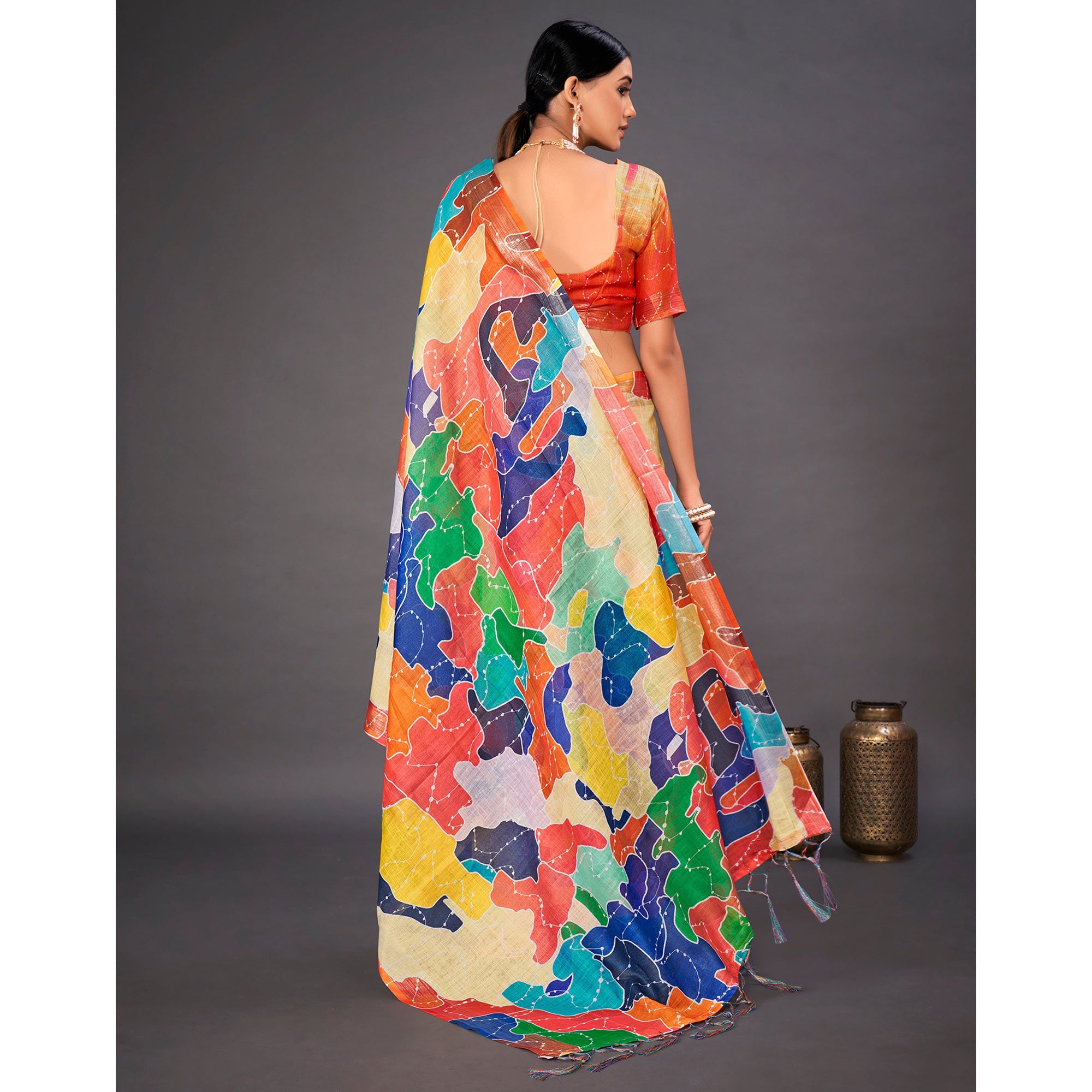 Multicolored Printed Crepe Saree Tassels
