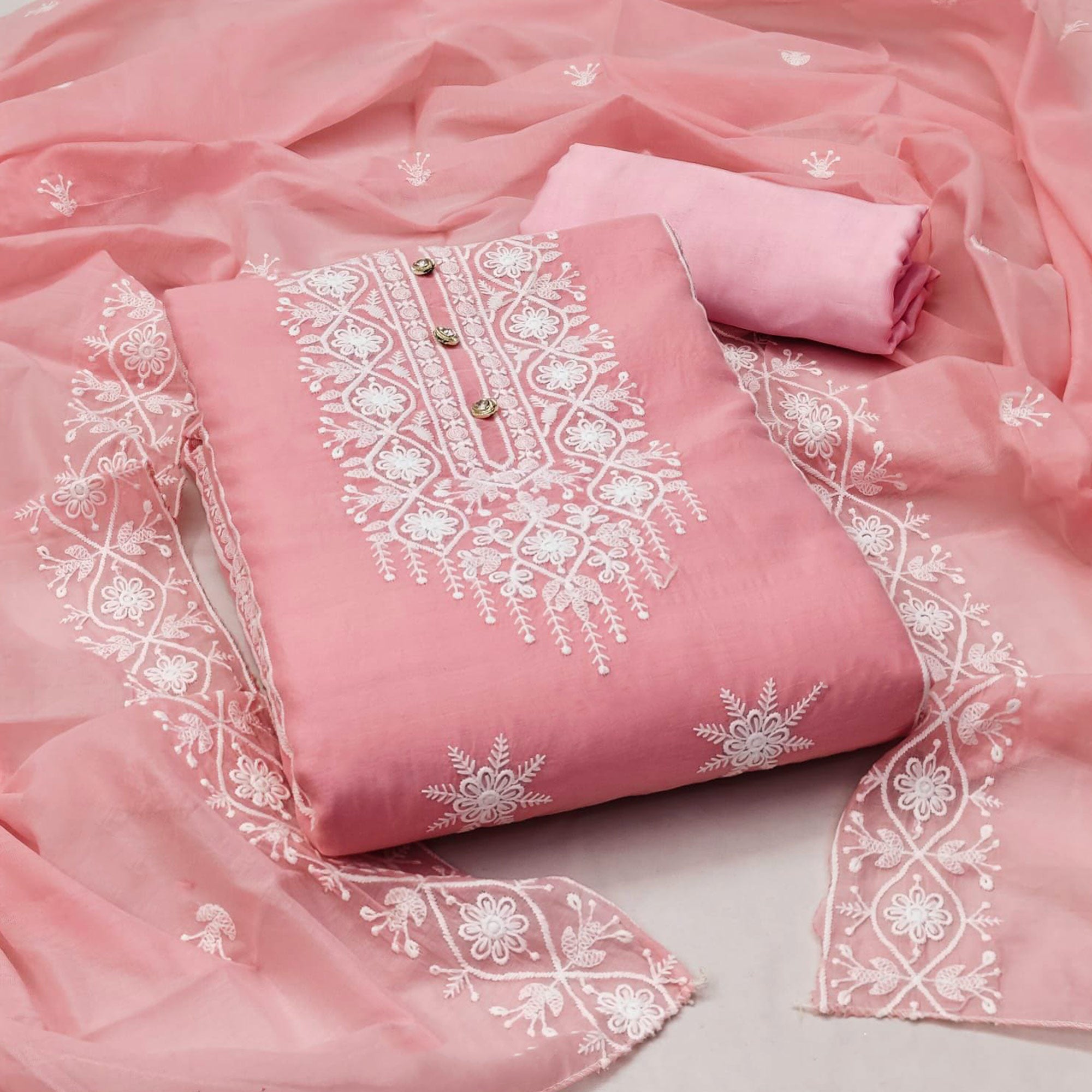 Pink Floral Embroidered Chanderi Dress Material