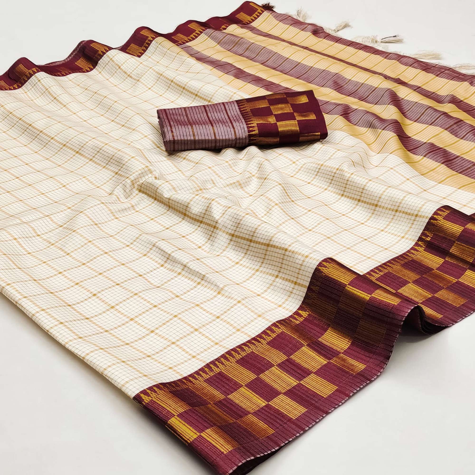 Cream & Wine Woven Cotton Silk Saree