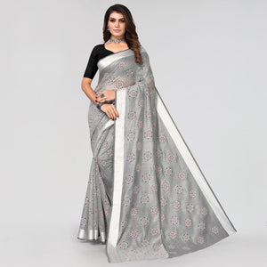 Grey Floral Printed Cotton Blend Saree