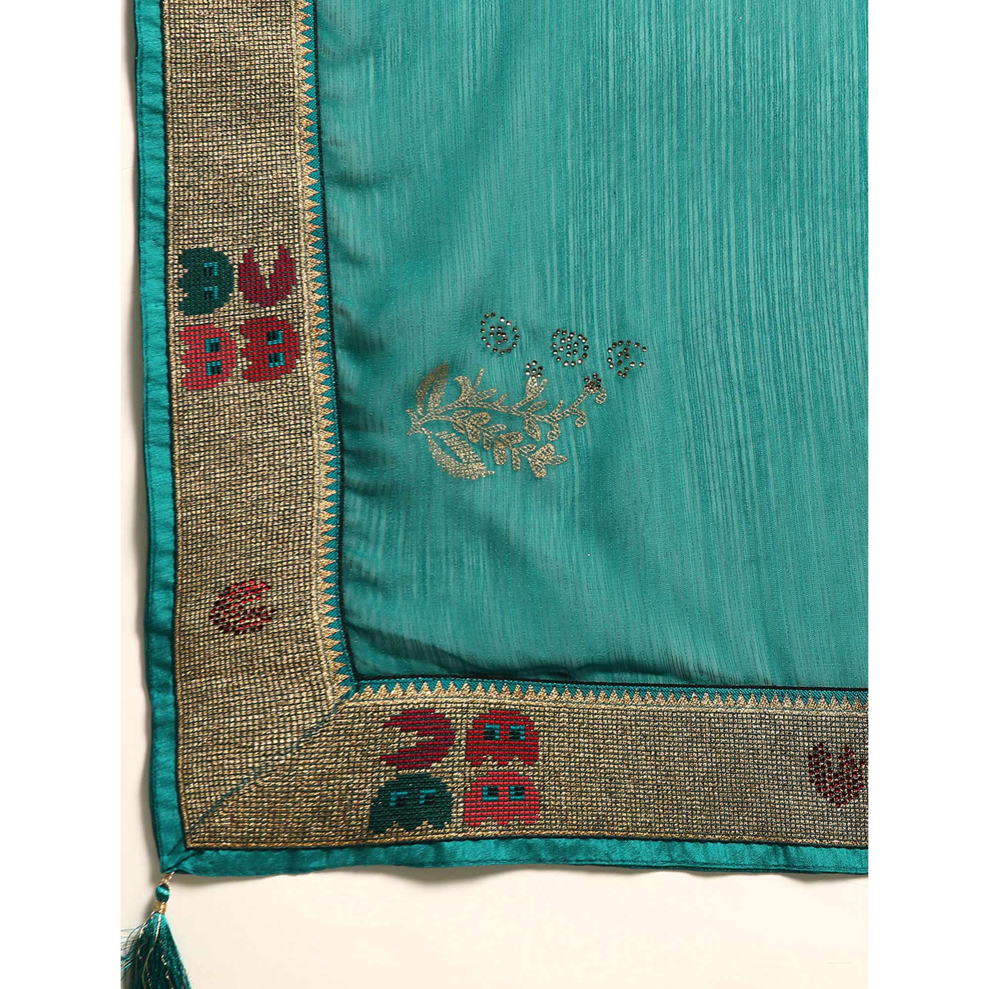 Turquoise Green Foil Printed With Swarovski Zomato Silk Saree
