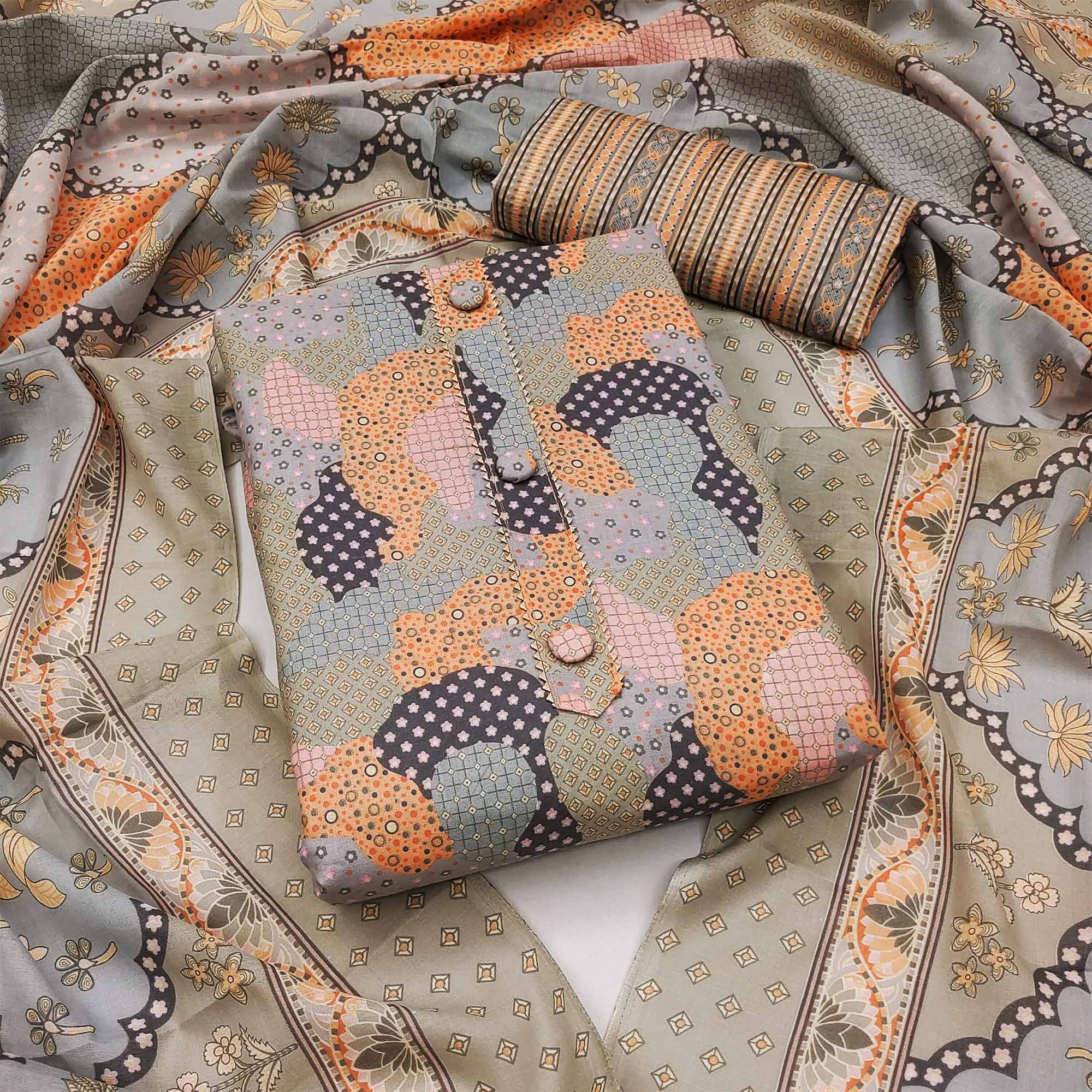 Grey Printed Cotton Blend Dress Material