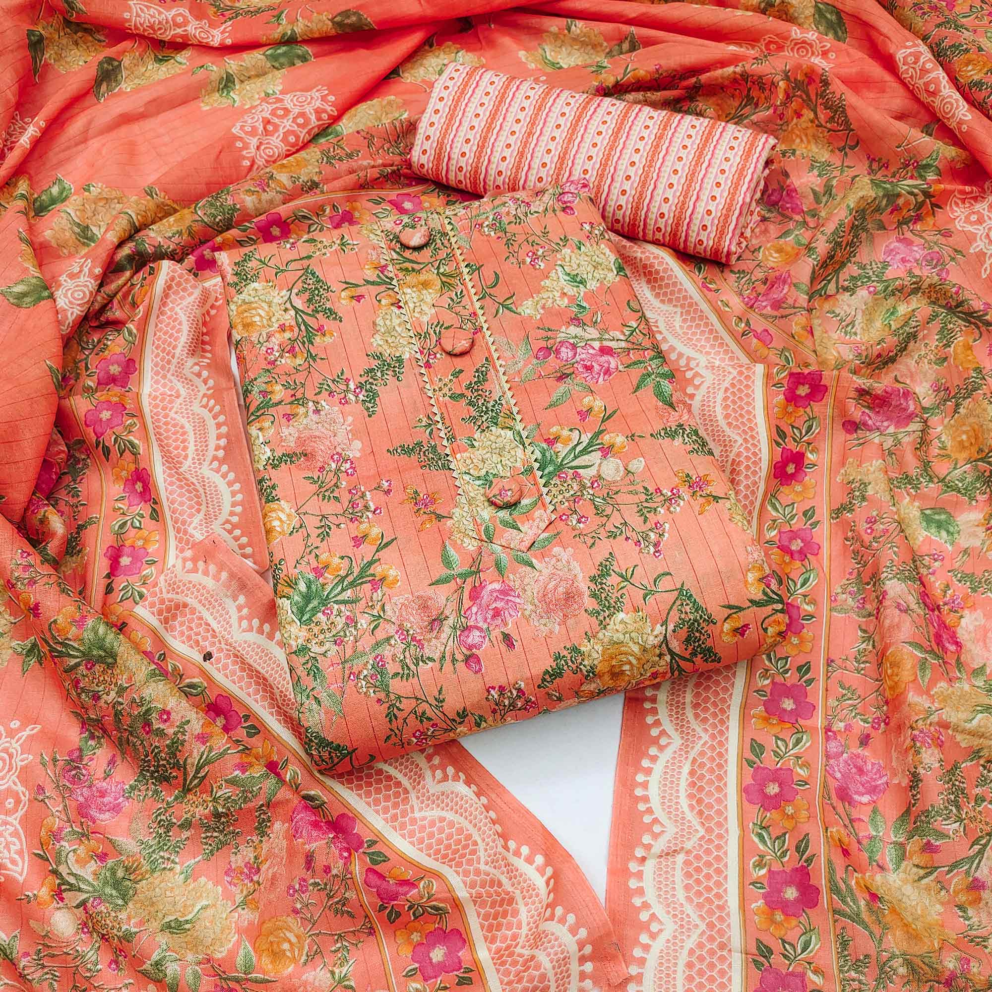 Peach Floral Printed Printed Cotton Blend Dress Material