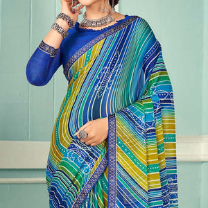 Blue Digital Bandhani Printed Chiffon Saree With Tassels