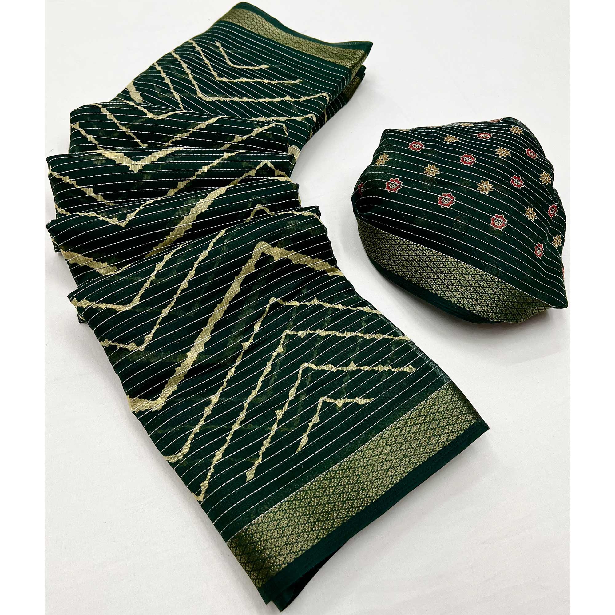 Dark Green Embroidered Cotton Silk Saree