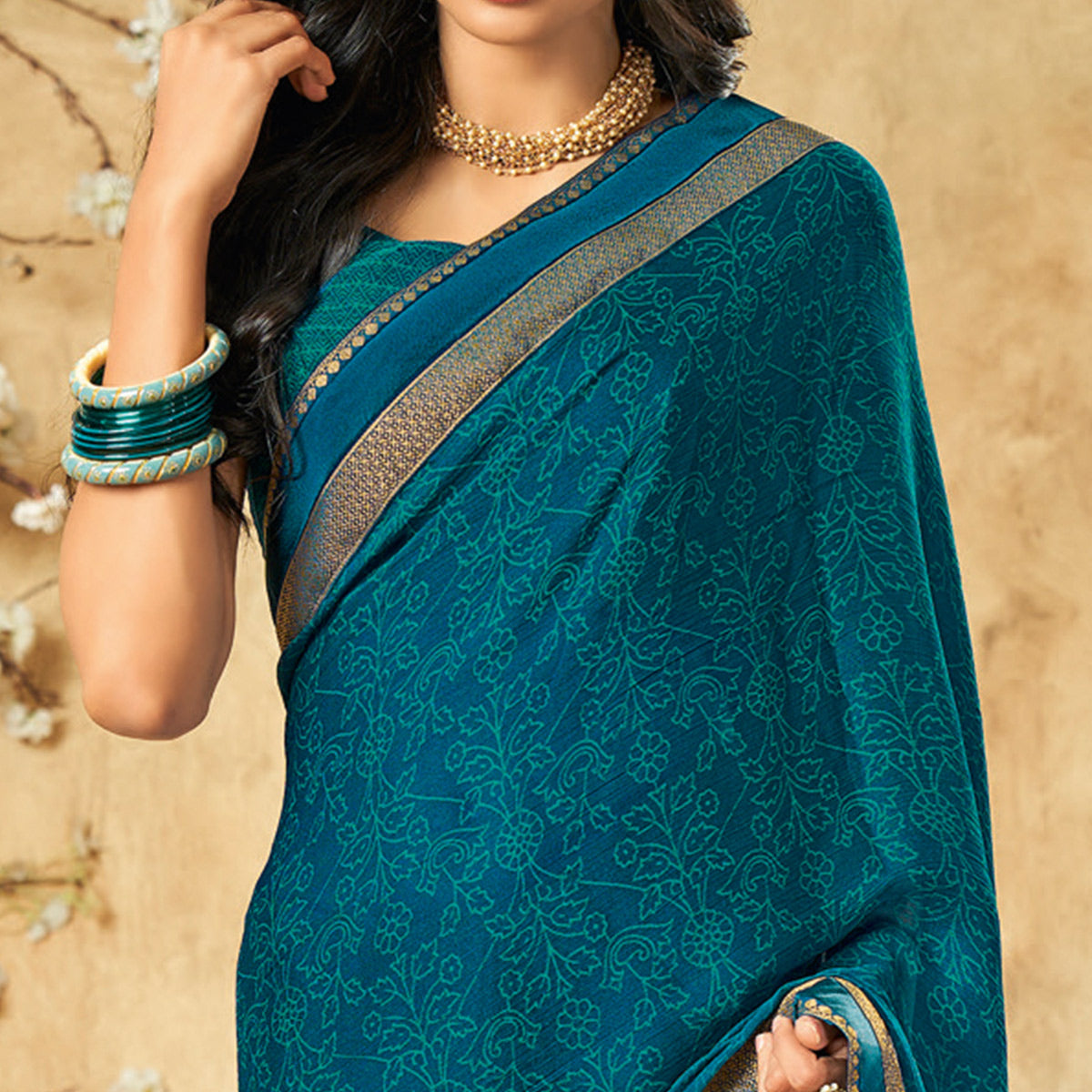 Blue Printed Chiffon Saree With Brocade Lace
