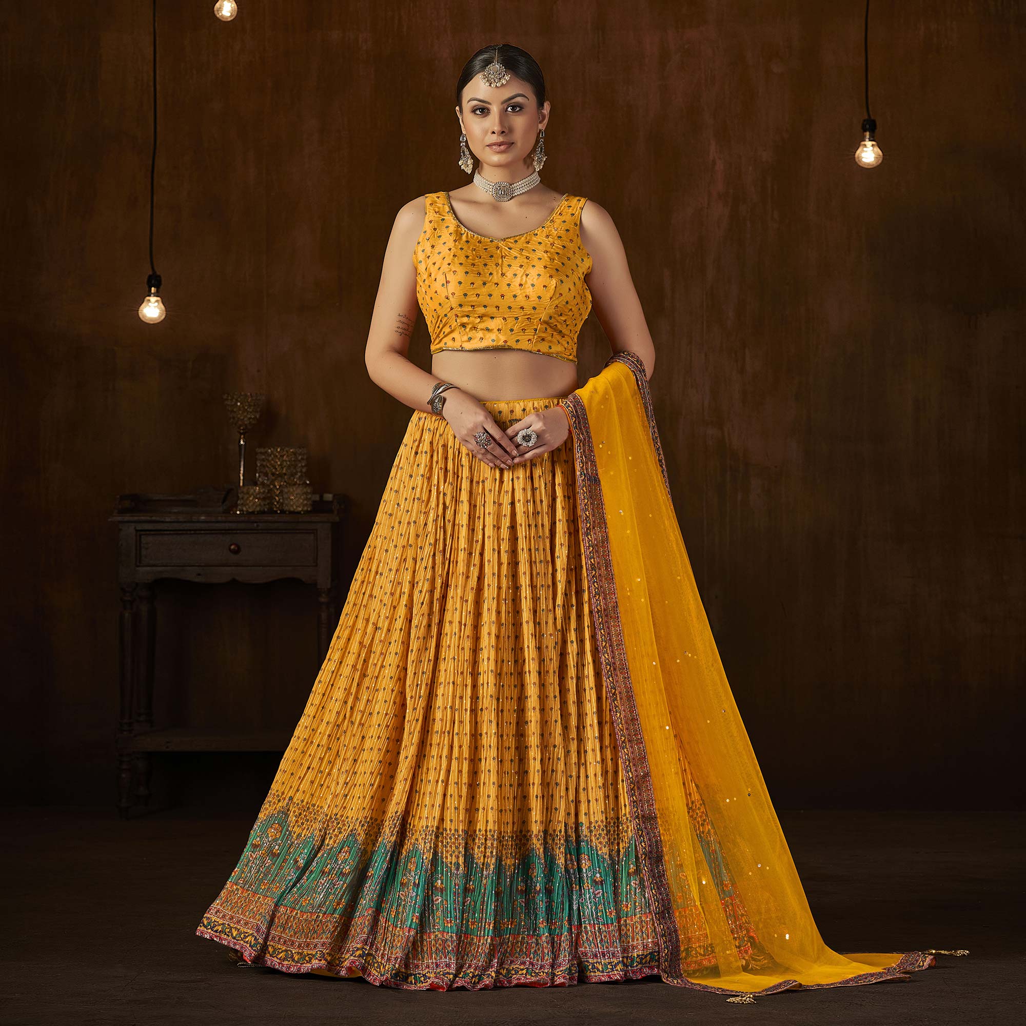 Mustard Printed With Sequins Work Georgette Lehenga Choli