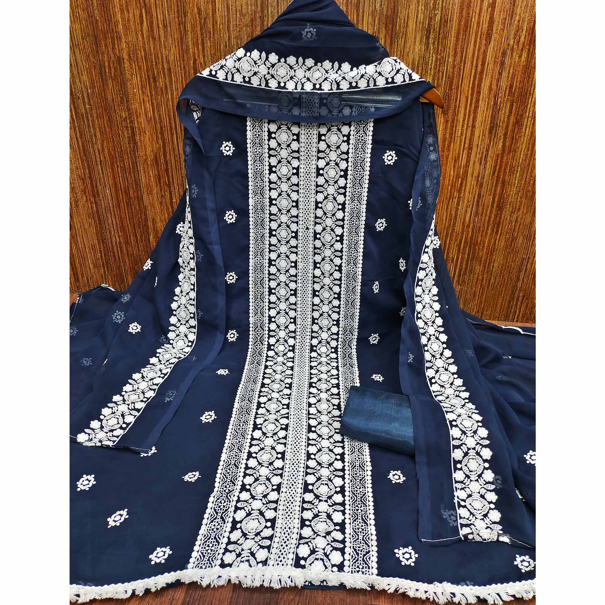 Navy Blue Lucknowi Embroidered Georgette Dress Material