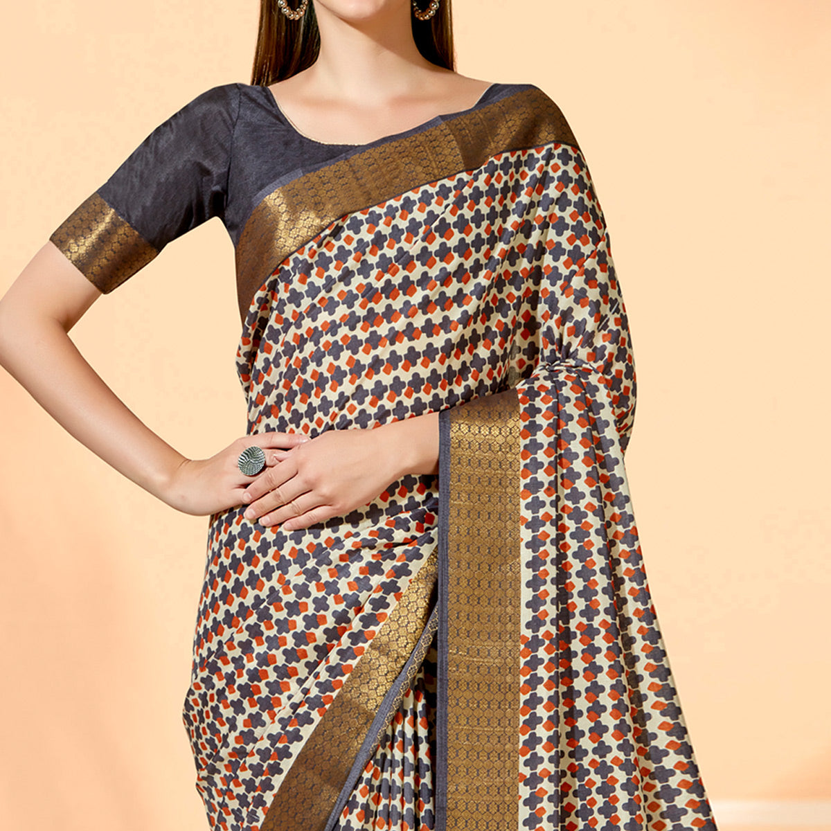 Grey Printed Dola Silk Saree With Tassels