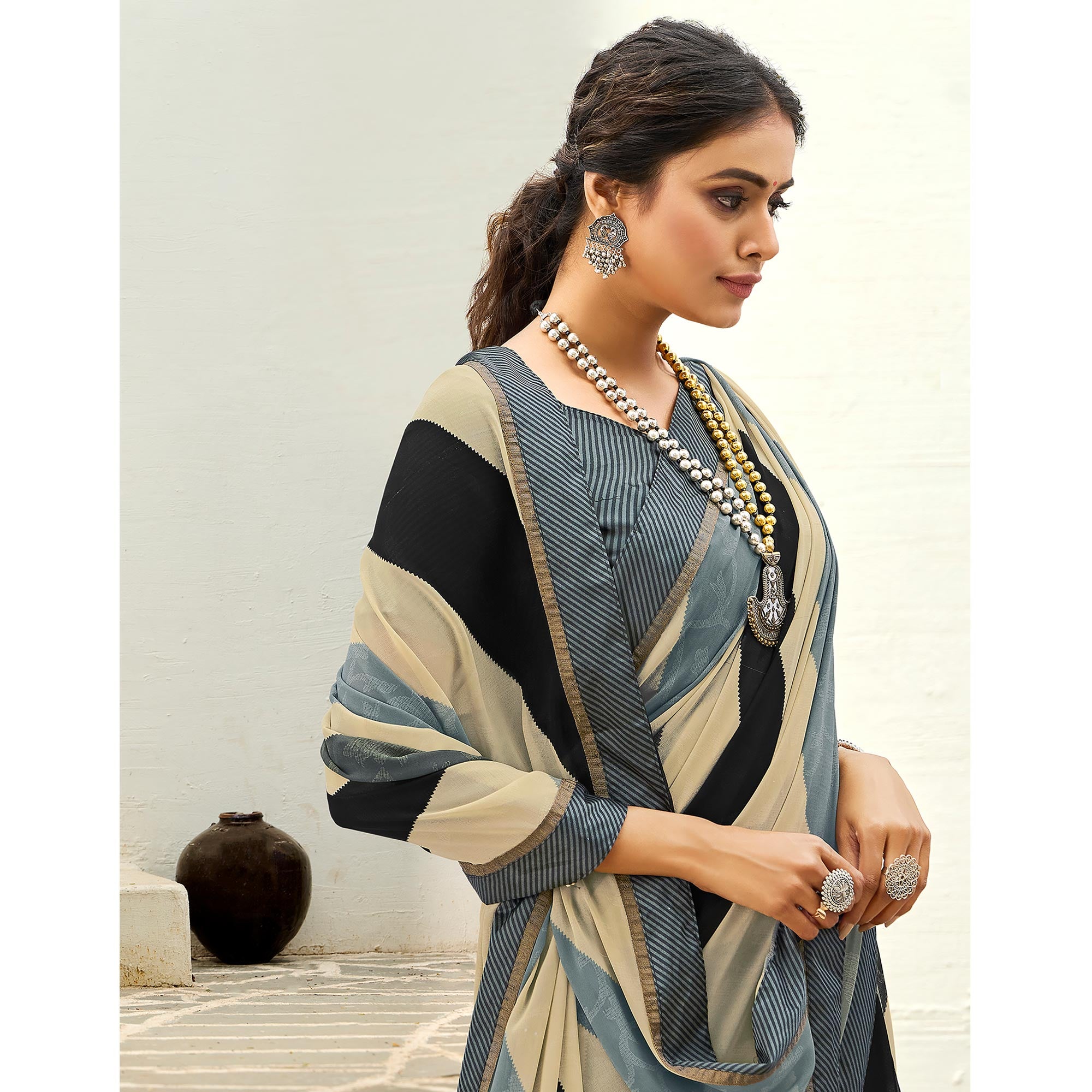 Multicolored Striped Printed Georgette Saree
