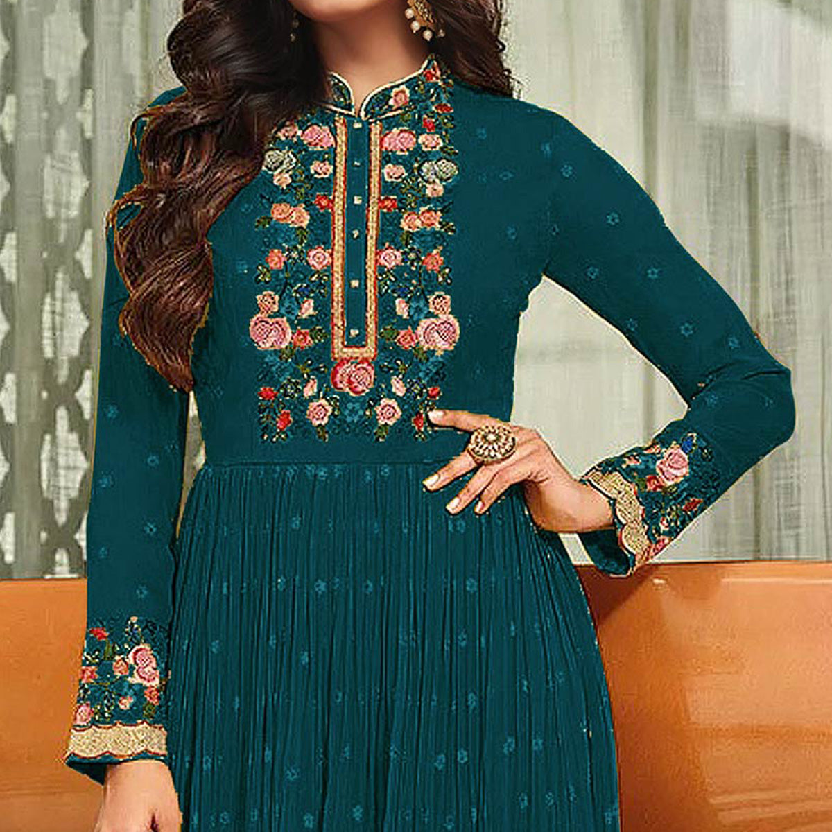 Rama Green Embroidered Georgette Gown