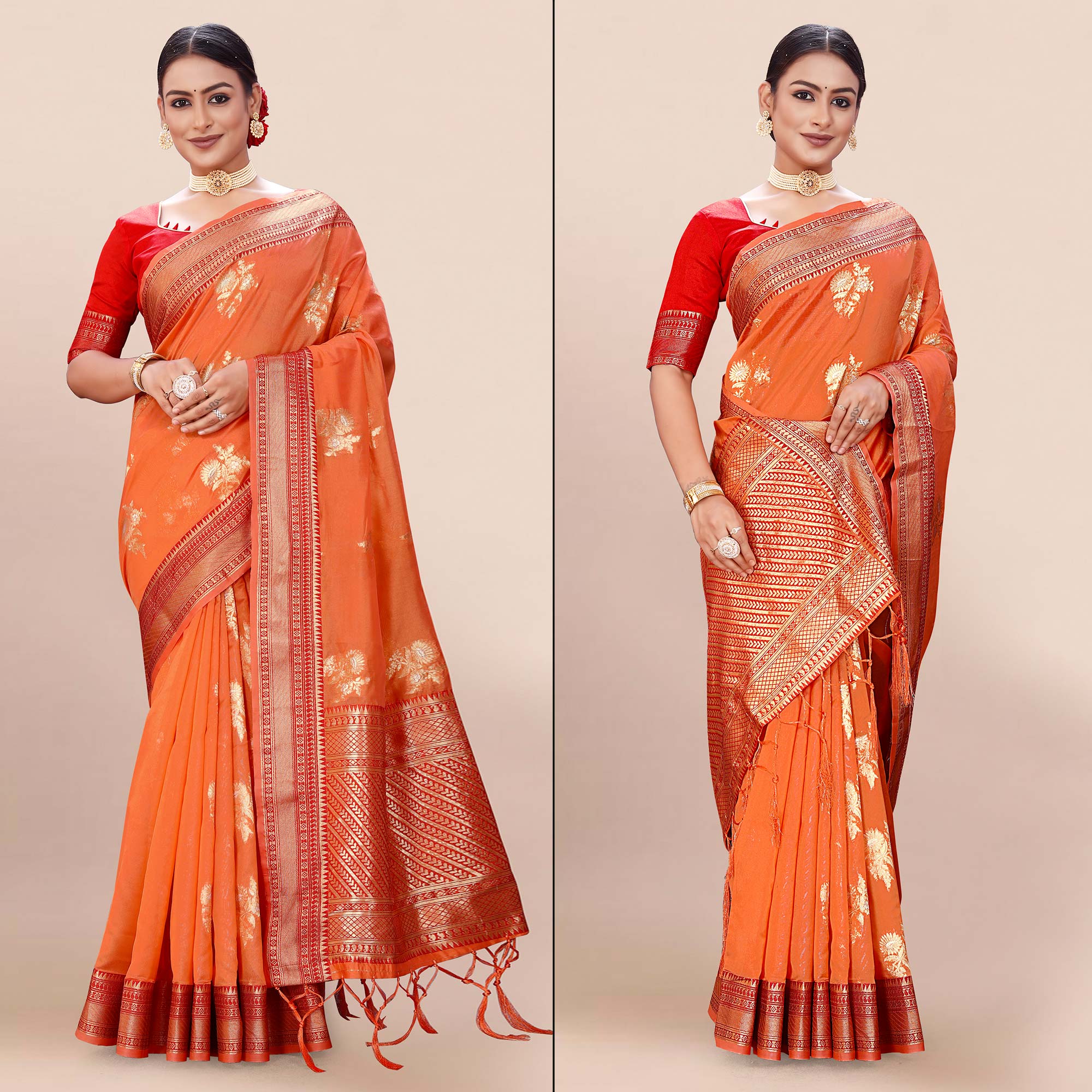 Orange Woven Organza Saree With Tassels