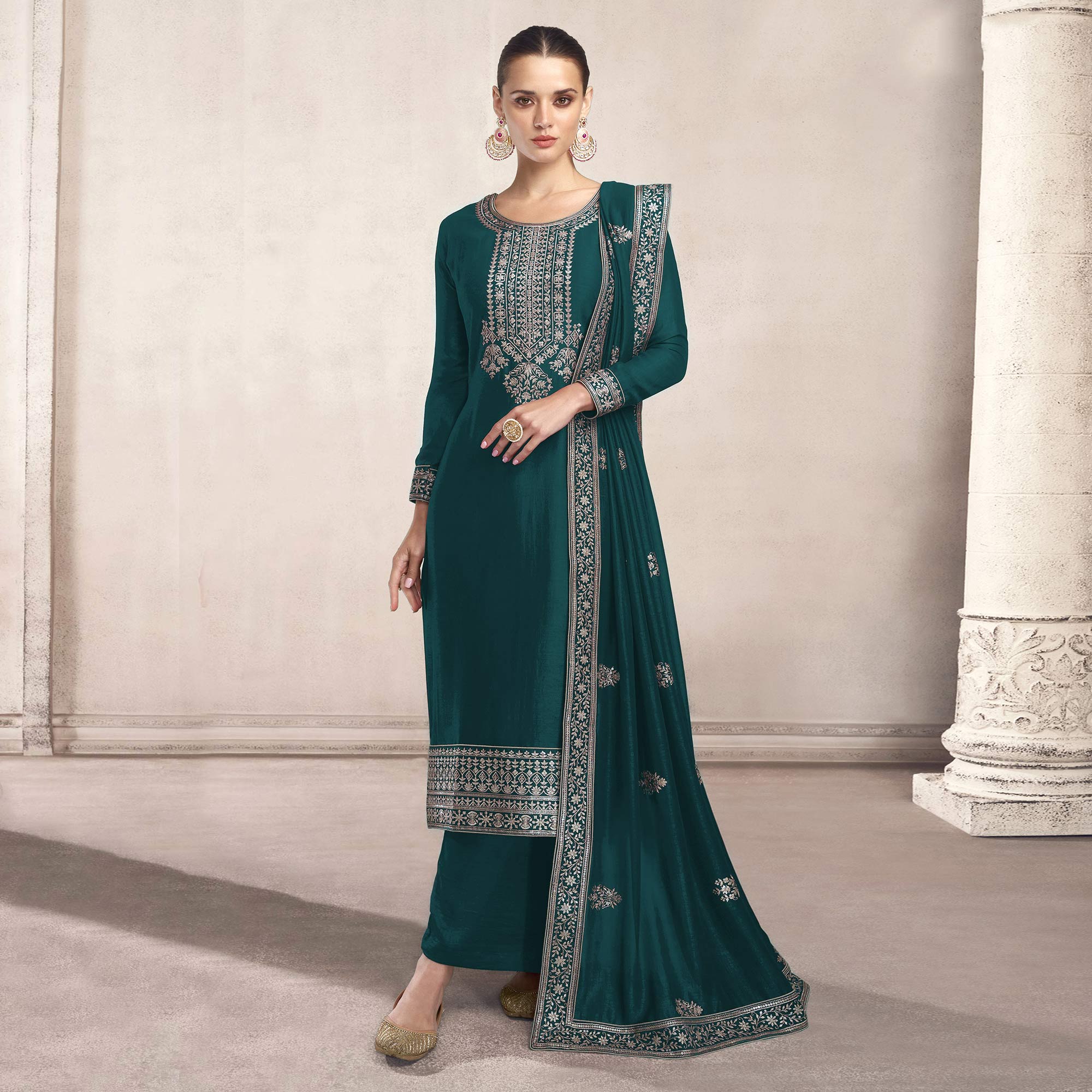 Green Embroidered Dola Silk Salwar Suit