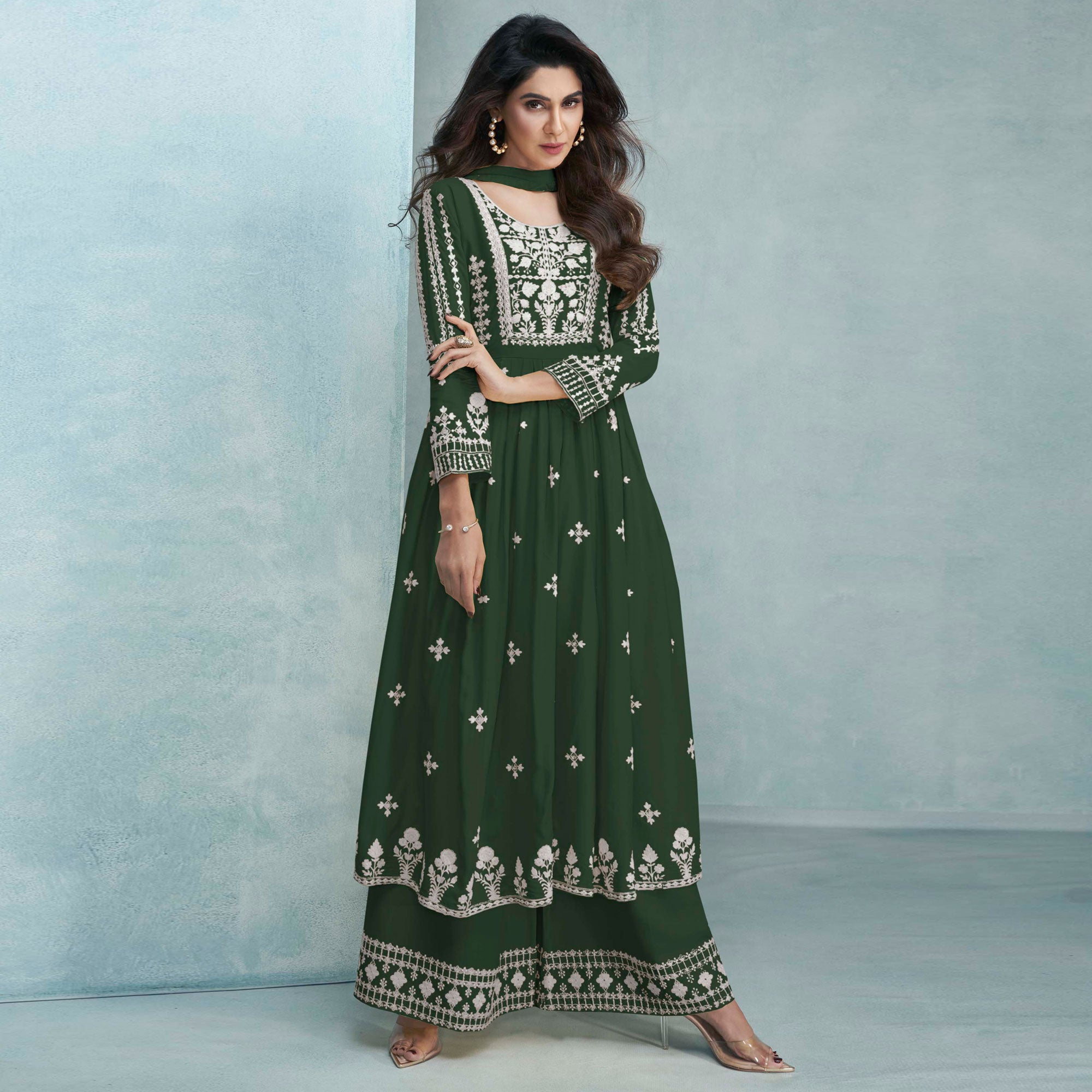 Green Lucknowi Embroidered Rayon Palazzo Suit