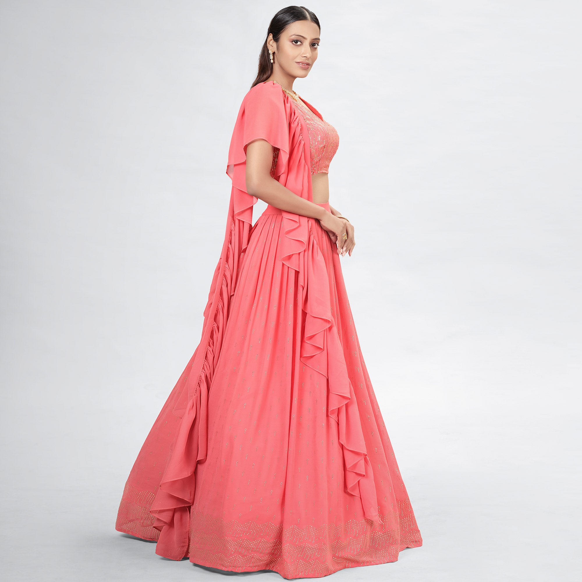Coral pink Embellished With Embroidered Georgette Lehenga Choli