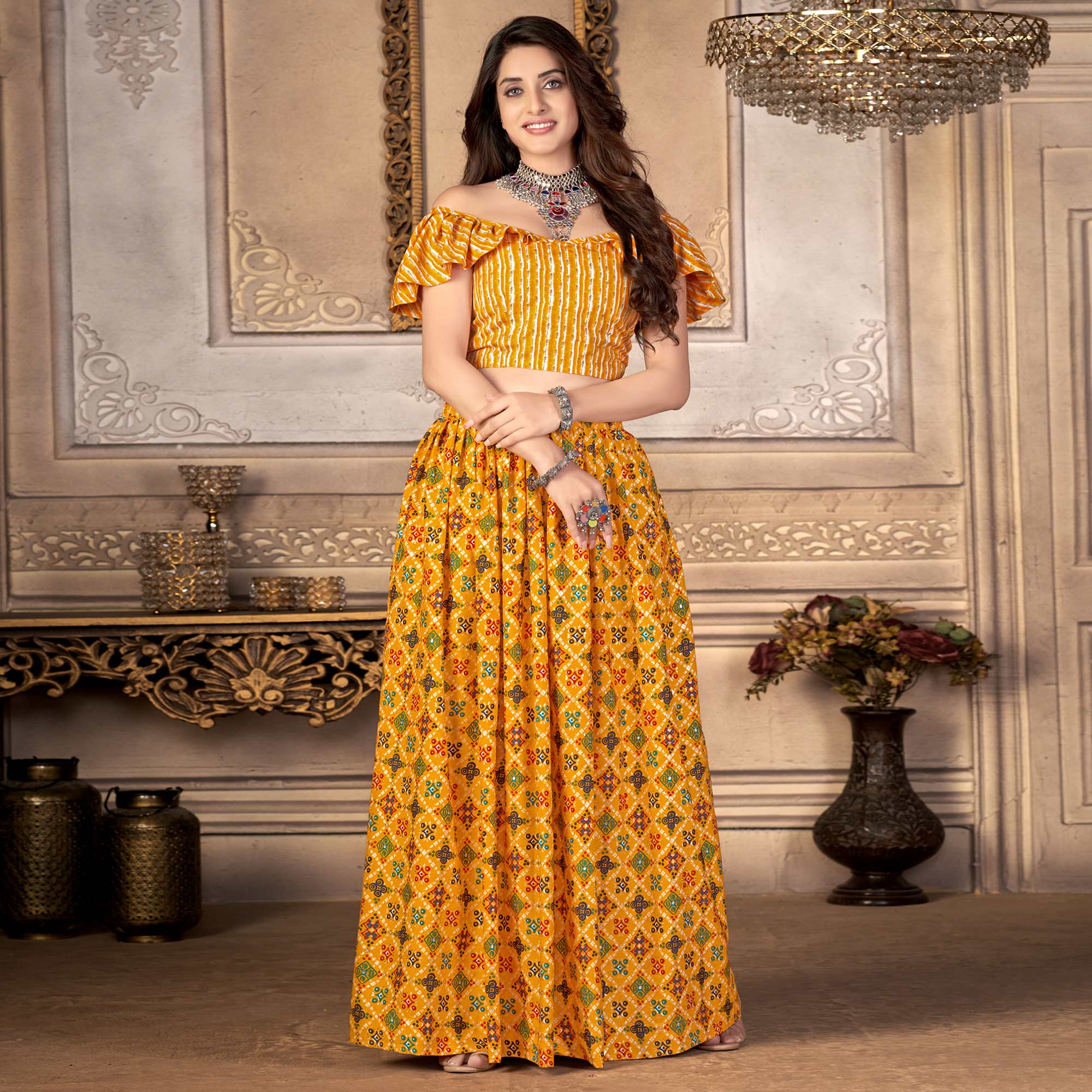Yellow Printed Crepe Top Skirt Set