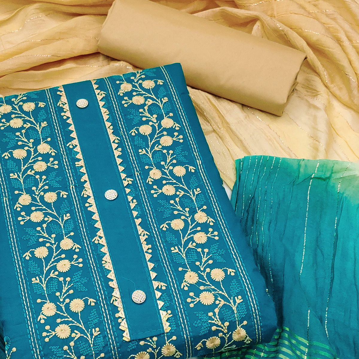 Blue Floral Embroidered Cotton Blend Dress Material