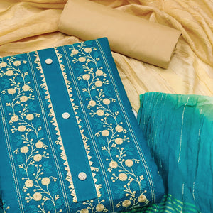 Blue Floral Embroidered Cotton Blend Dress Material