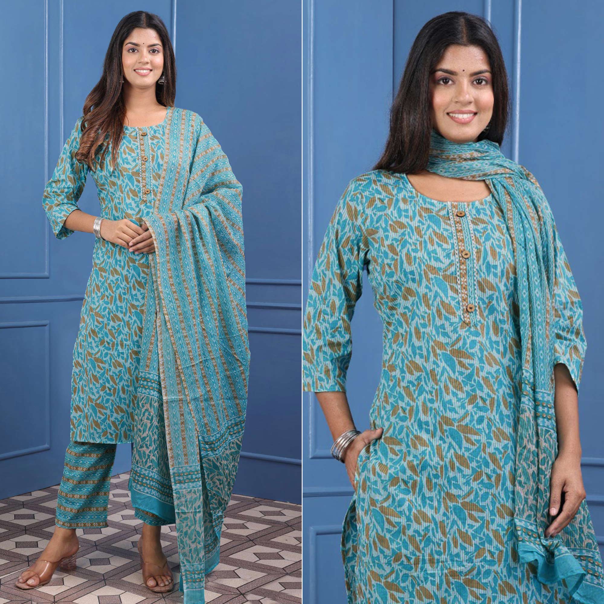 Turquoise Floral Printed Pure Cotton Suit