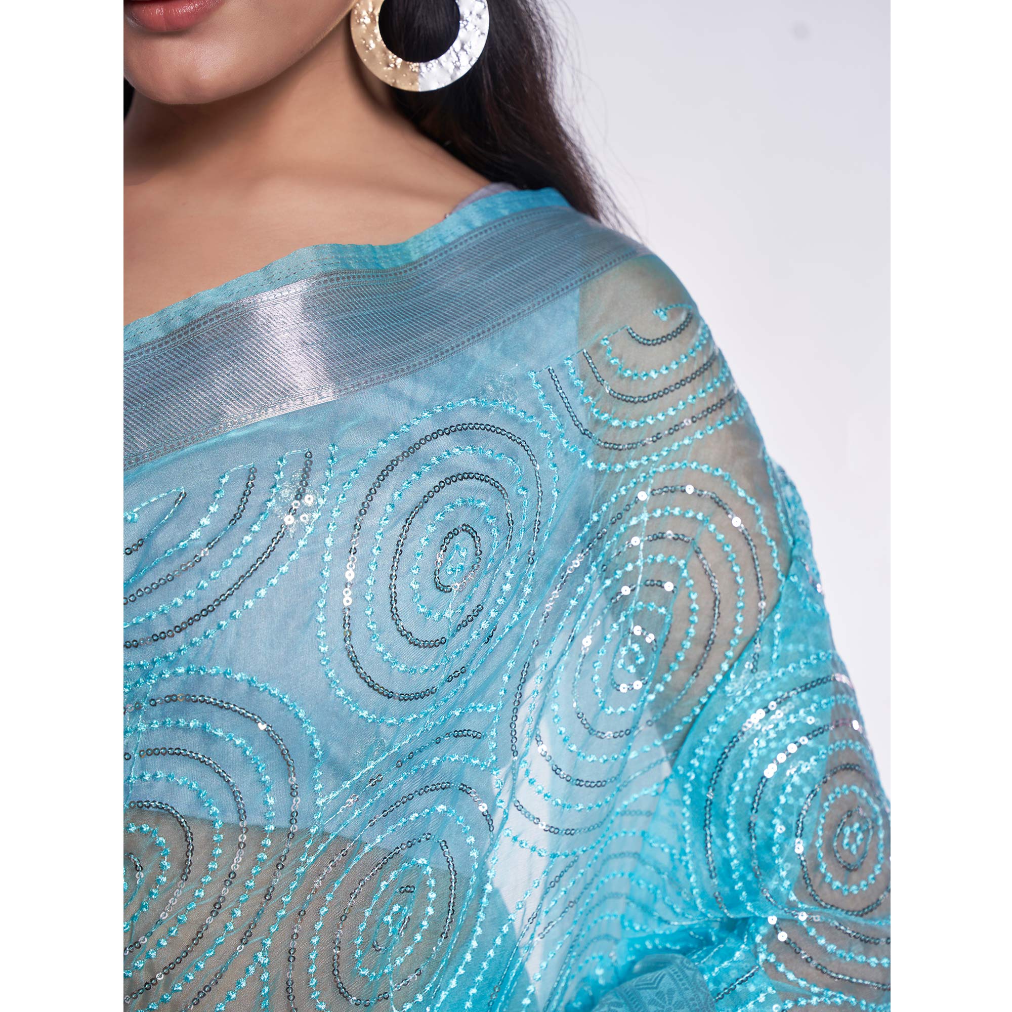 Blue Sequins Embroidered Organza Saree
